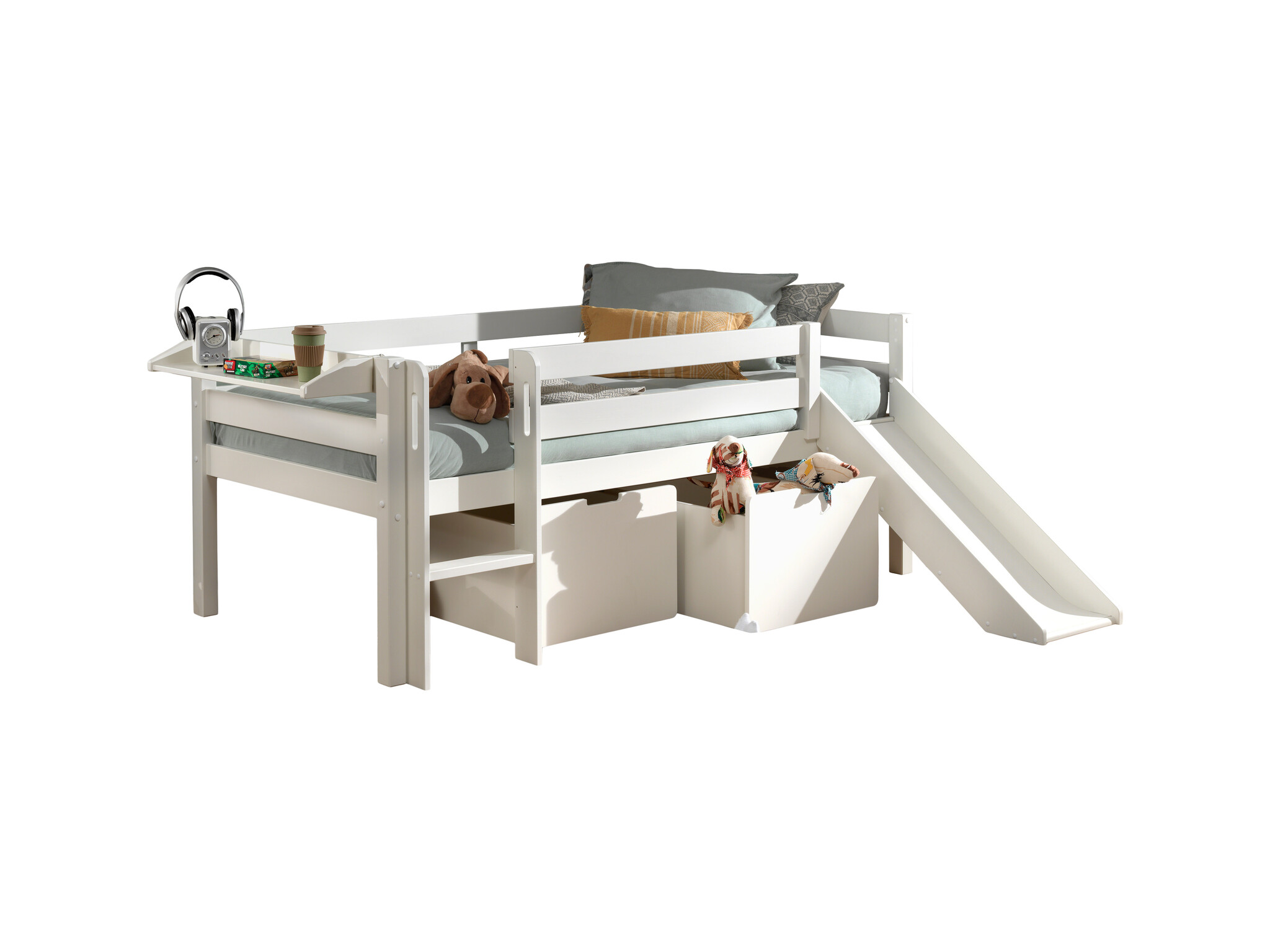 LUCEVI - Pino Halfhoogslaper H85CM + Glijbaan + Ladder + Set van 2 Laden + Hangplank - Wit - 90x200 cm