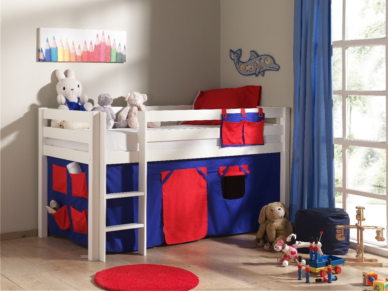 LUCEVI - Pino Halfhoogslaper + Ladder + Set van Domino Gordijntjes - Wit - 90x200 cm