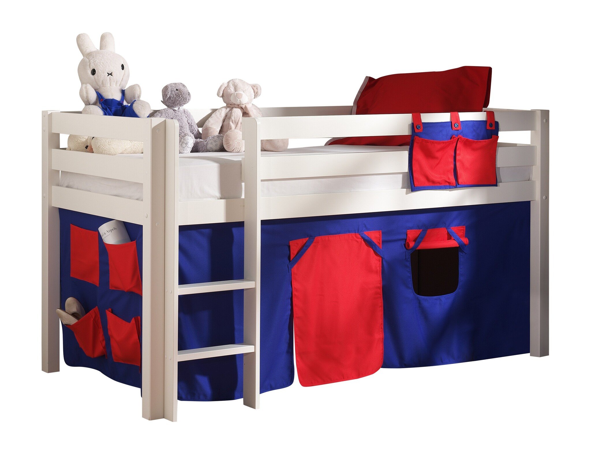 LUCEVI - Pino Halfhoogslaper + Ladder + Set van Domino Gordijntjes - Wit - 90x200 cm