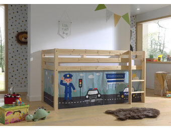 LUCEVI - Pino Halfhoogslaper H115CM + Ladder + Police Gordijntjes - Bruin - 90x200 cm