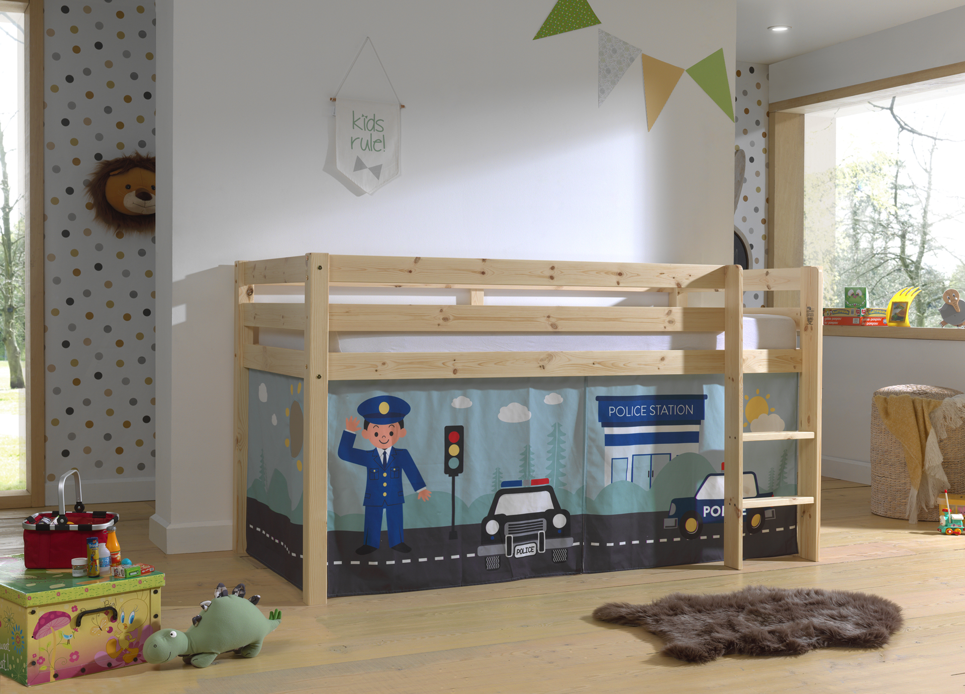 LUCEVI - Pino Halfhoogslaper H115CM + Ladder + Police Gordijntjes - Bruin - 90x200 cm