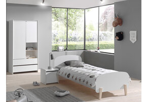 LUCEVI - Kiddy bed + 2 Deurs Kleerkast + Nachtkastje - Wit - 90x200 cm