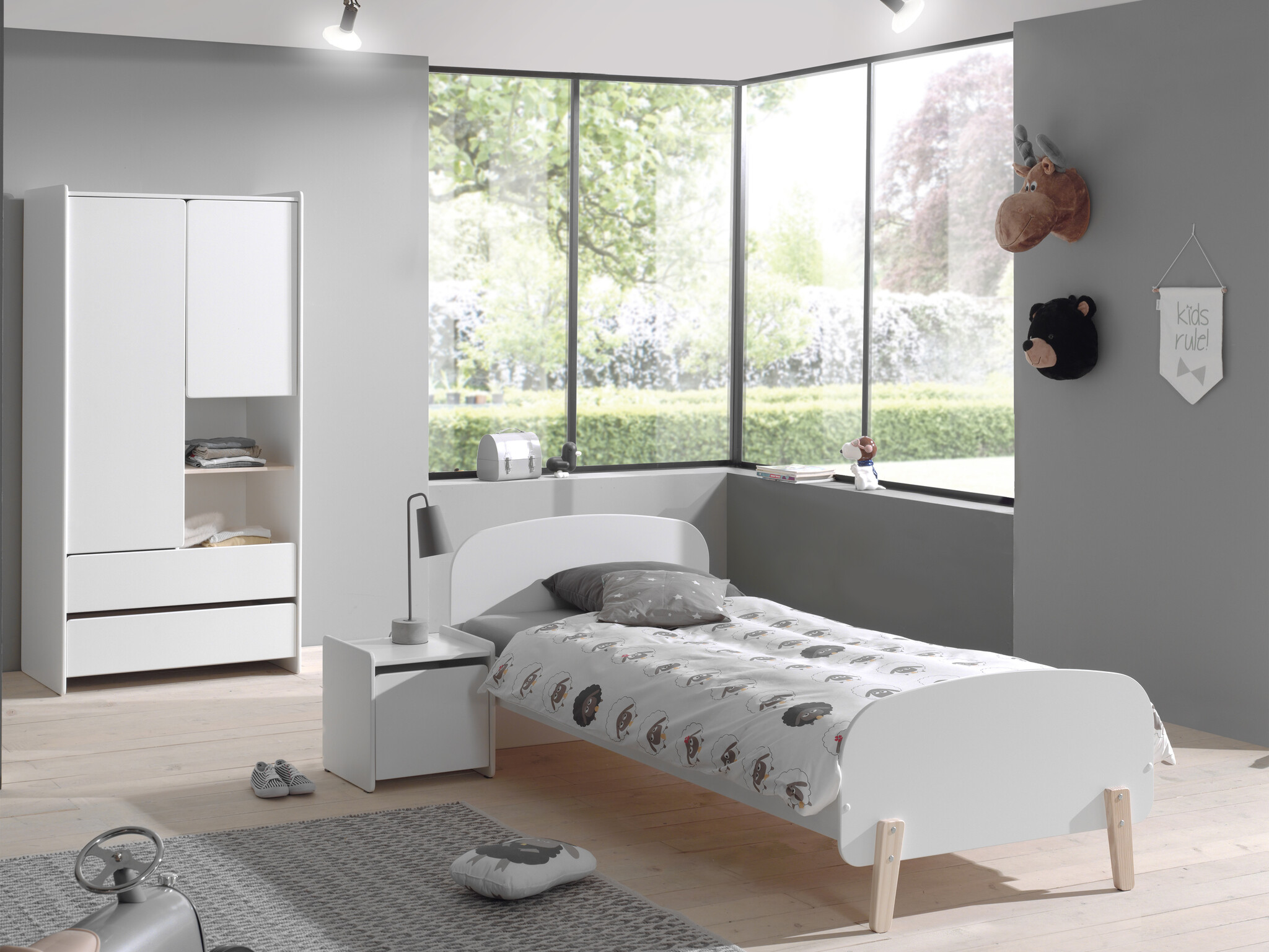 LUCEVI - Kiddy bed + 2 Deurs Kleerkast + Nachtkastje - Wit - 90x200 cm