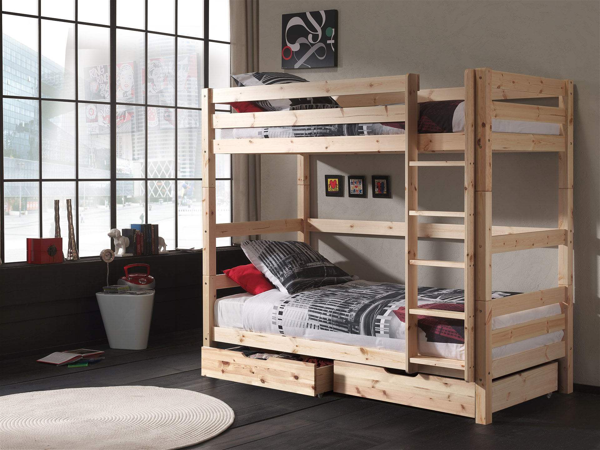 LUCEVI - Pino Stapelbed H180CM + 2 Lades + Ladder - Bruin - 90x200 cm