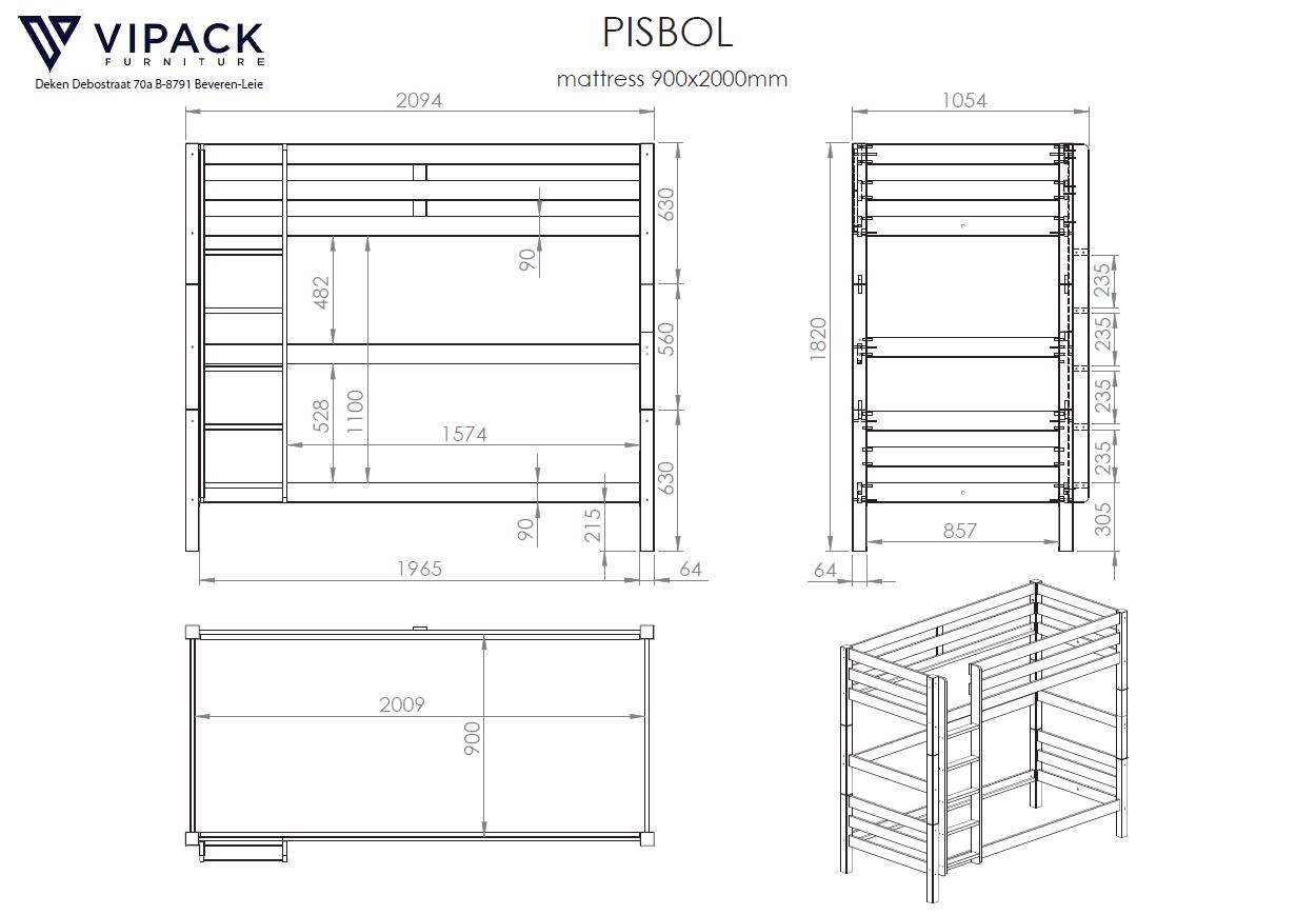 LUCEVI - Pino Stapelbed H180CM + 2 Lades + Ladder - Bruin - 90x200 cm