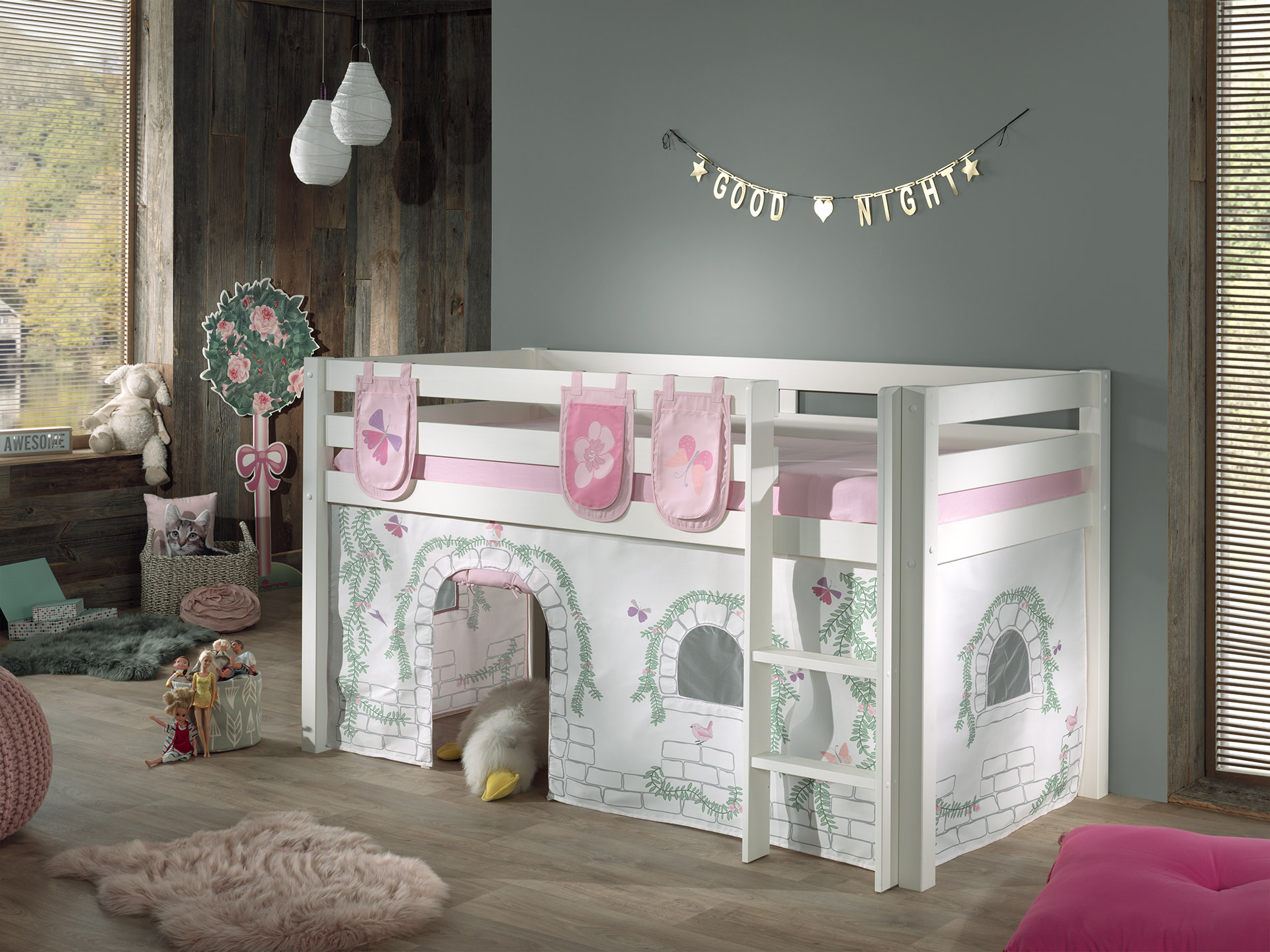 LUCEVI - Pino Halfhoogslaper + Ladder + Birdy Gordijntjes + 3 Zakjes - Wit - 90x200 cm