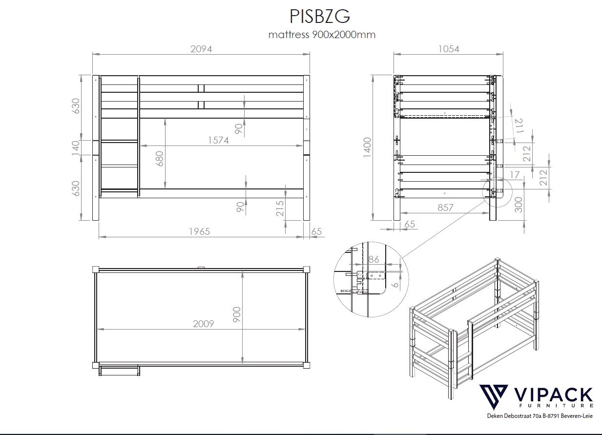 LUCEVI - Pino Stapelbed H140CM + 2 Lades + Ladder - Bruin - 90x200 cm