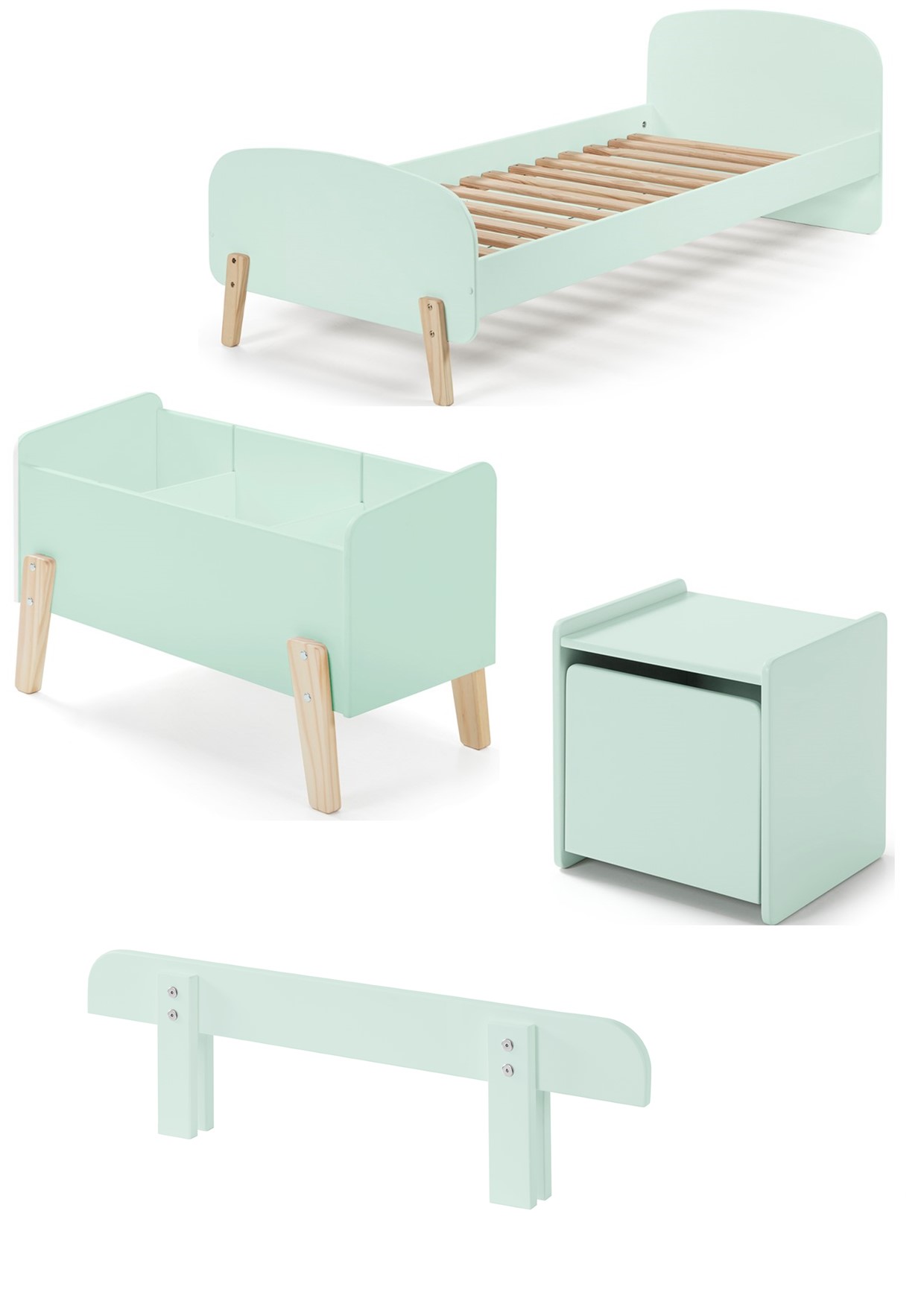LUCEVI - Kiddy bed + Nachtkastje + Uitvalbeveiliging + Speelkoffer - Mint Green - 90x200 cm