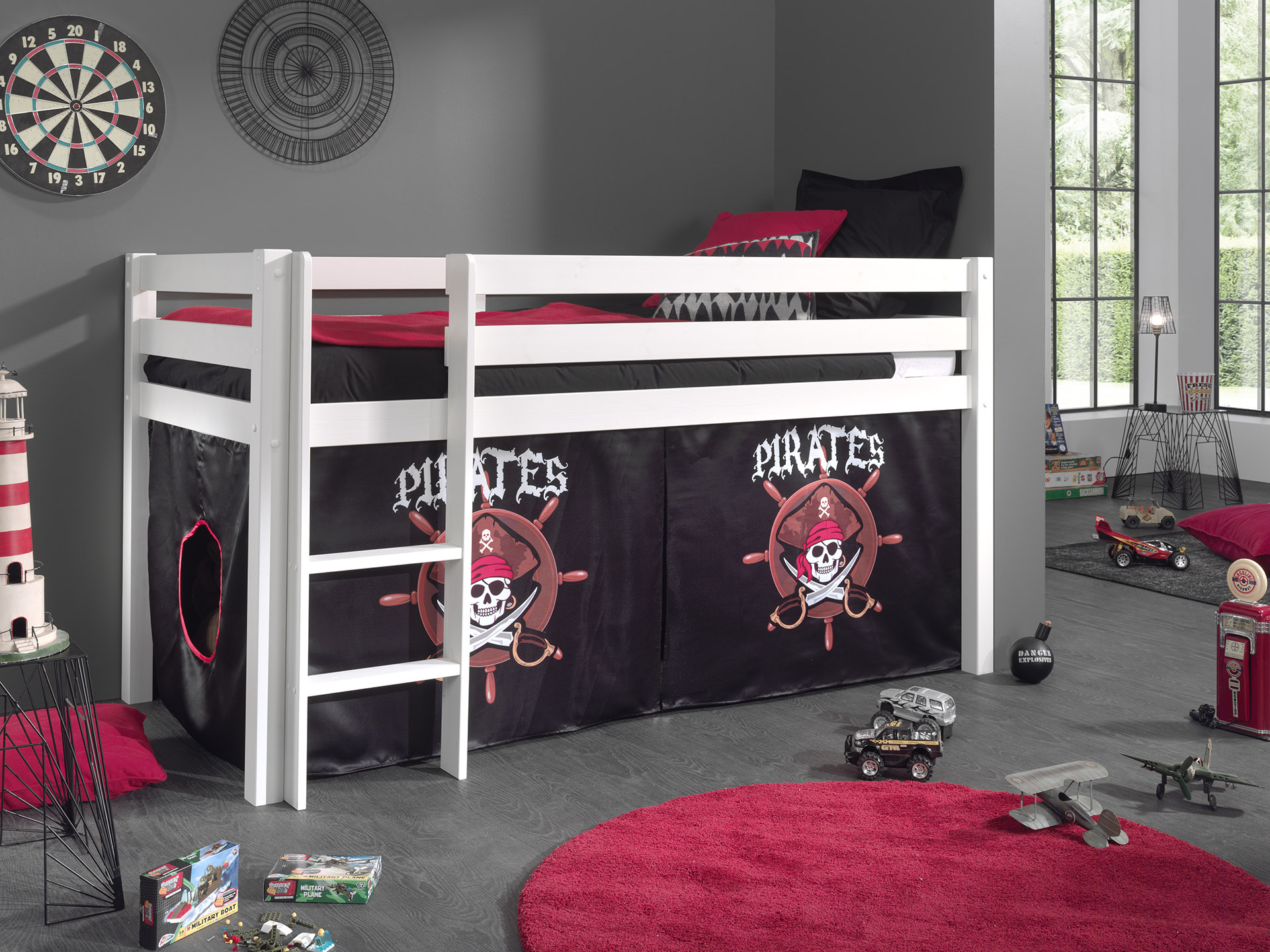 LUCEVI - Pino Halfhoogslaper + Ladder + Set van Piraten Gordijntjes - Wit - 90x200 cm