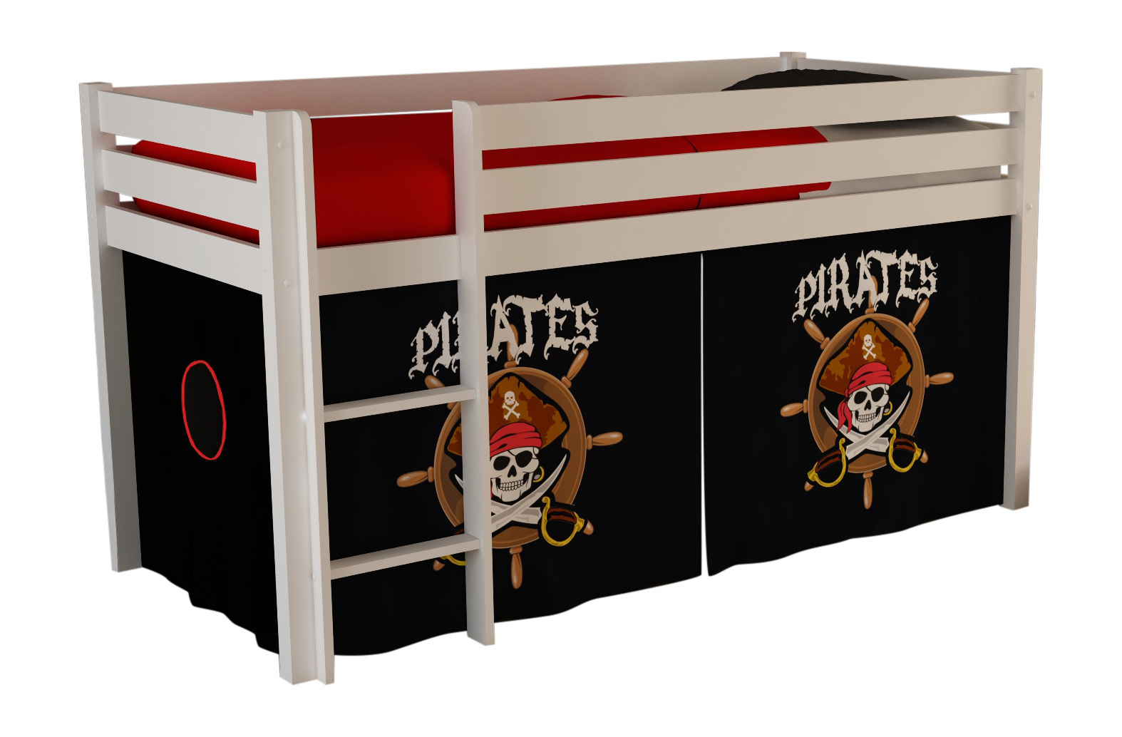 LUCEVI - Pino Halfhoogslaper + Ladder + Set van Piraten Gordijntjes - Wit - 90x200 cm