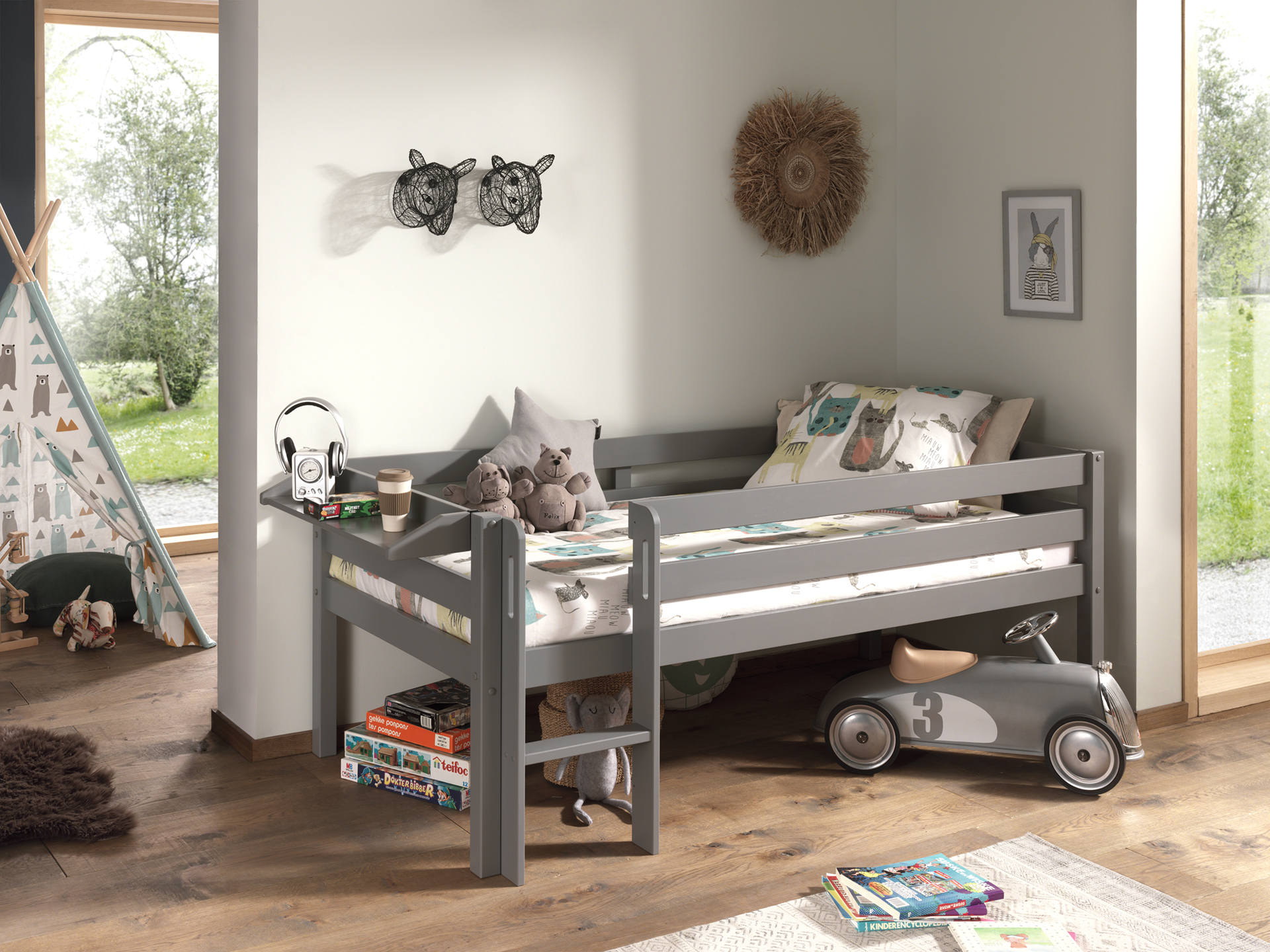 LUCEVI - Pino Halfhoogslaper H85CM + Ladder + Hangplank - Grijs - 90x200 cm