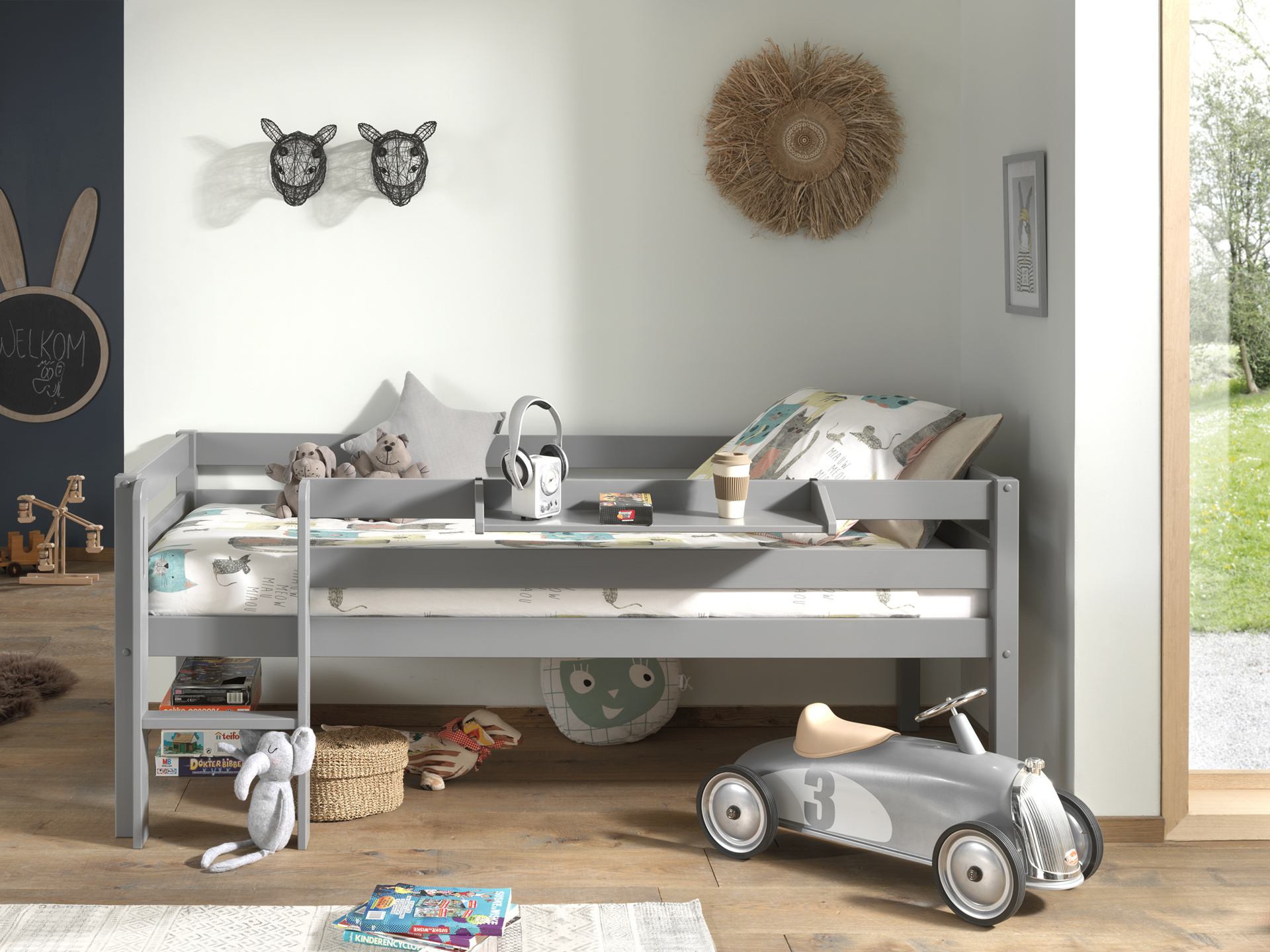 LUCEVI - Pino Halfhoogslaper H85CM + Ladder + Hangplank - Grijs - 90x200 cm