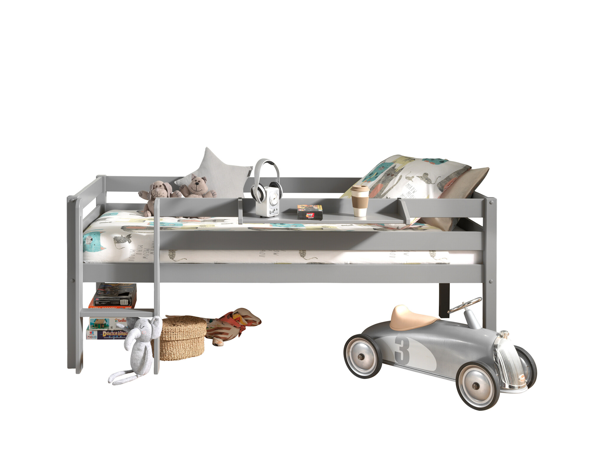 LUCEVI - Pino Halfhoogslaper H85CM + Ladder + Hangplank - Grijs - 90x200 cm
