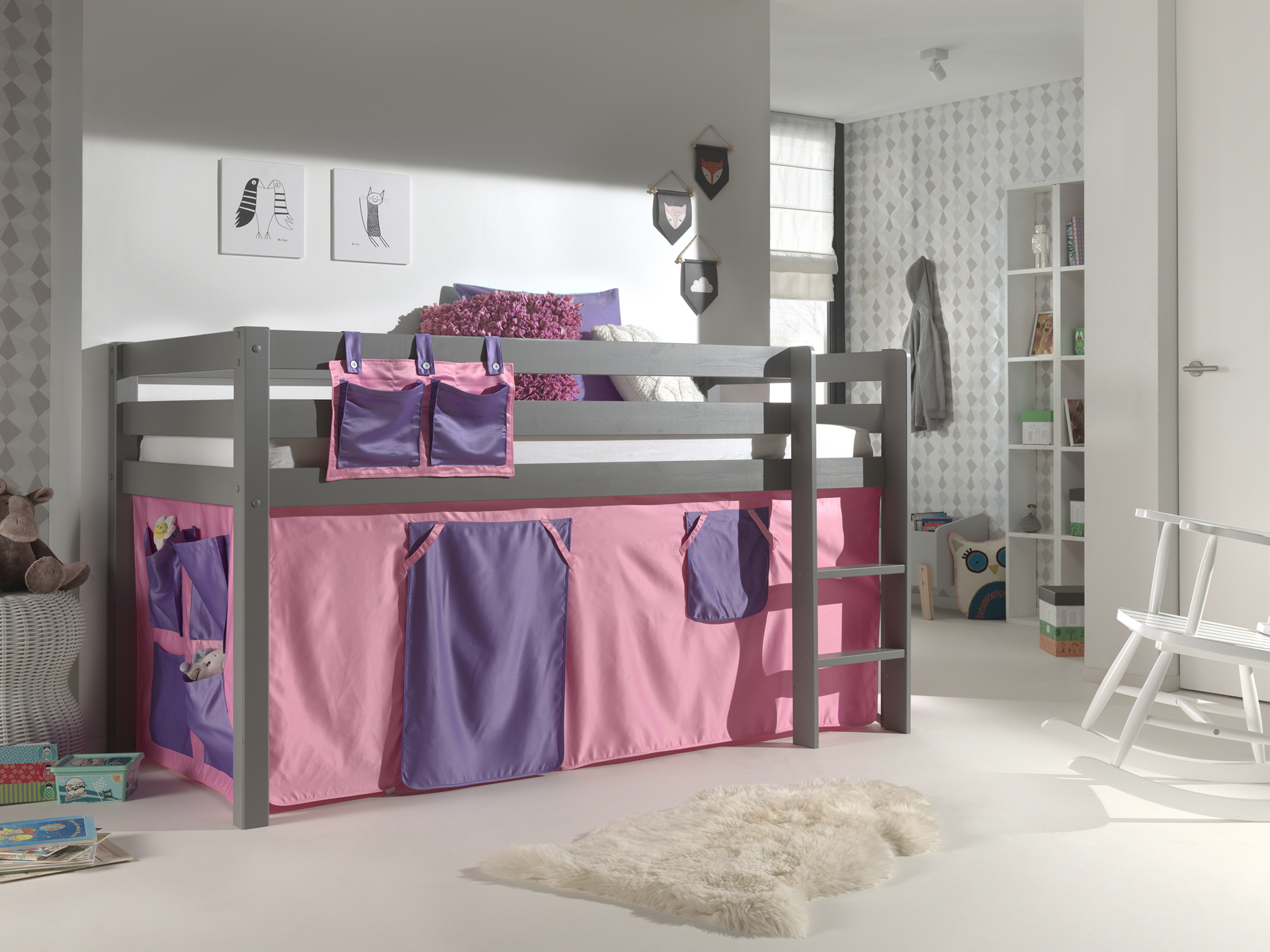 LUCEVI - Pino Halfhoogslaper H115CM + Ladder + Bella Gordijntjes - Grijs - 90x200 cm