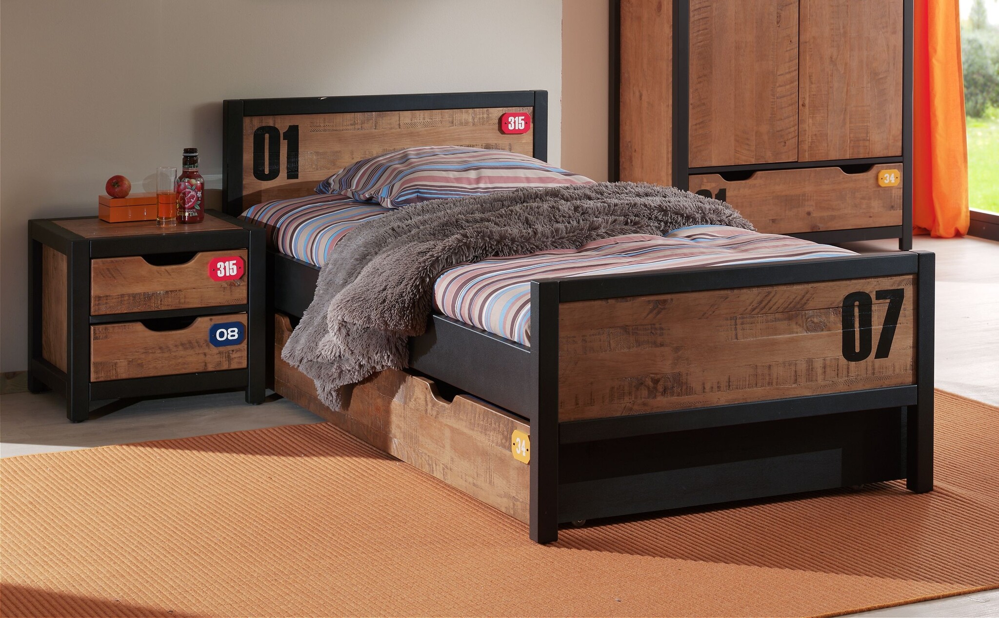 LUCEVI - Alex bed + Nachtkastje + Rolbed + 2 Deurs Kleerkast + Commode 4 laden - Bruin - 90x200 cm