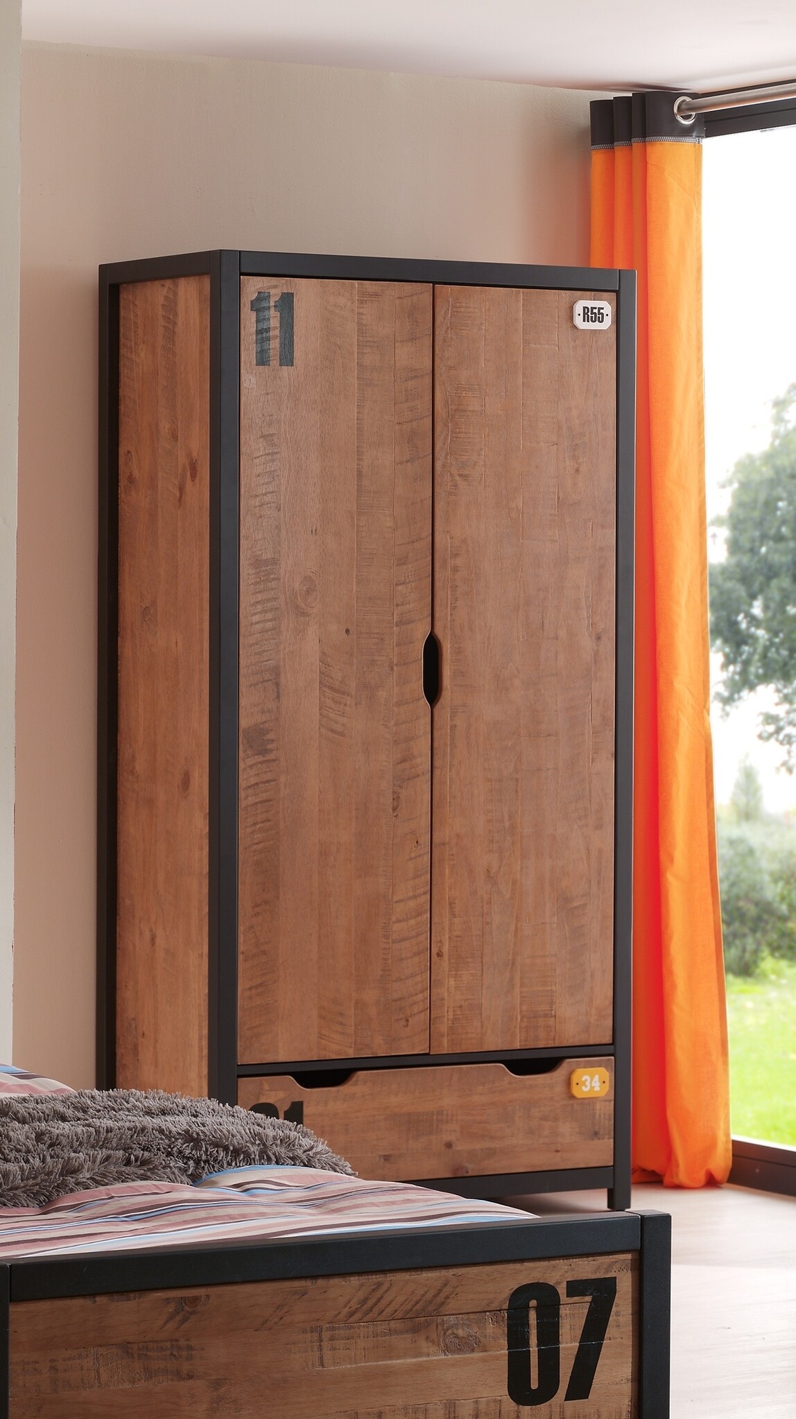 LUCEVI - Alex bed + Nachtkastje + Rolbed + 2 Deurs Kleerkast + Commode 4 laden - Bruin - 90x200 cm