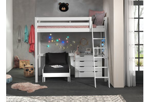 LUCEVI - Pino Mezzanine Bed + Ladder + Commode 4 Laden + Slaapfauteuil - Wit - 90x200 cm