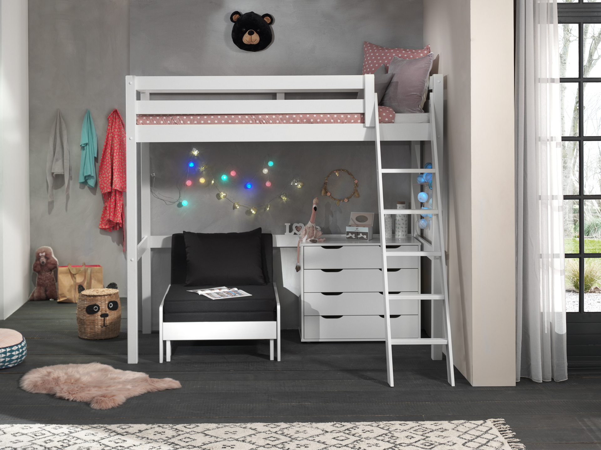 LUCEVI - Pino Mezzanine Bed + Ladder + Commode 4 Laden + Slaapfauteuil - Wit - 90x200 cm