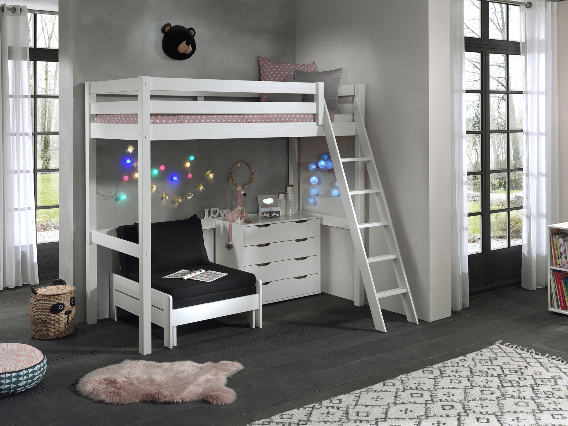 LUCEVI - Pino Mezzanine Bed + Ladder + Commode 4 Laden + Slaapfauteuil - Wit - 90x200 cm