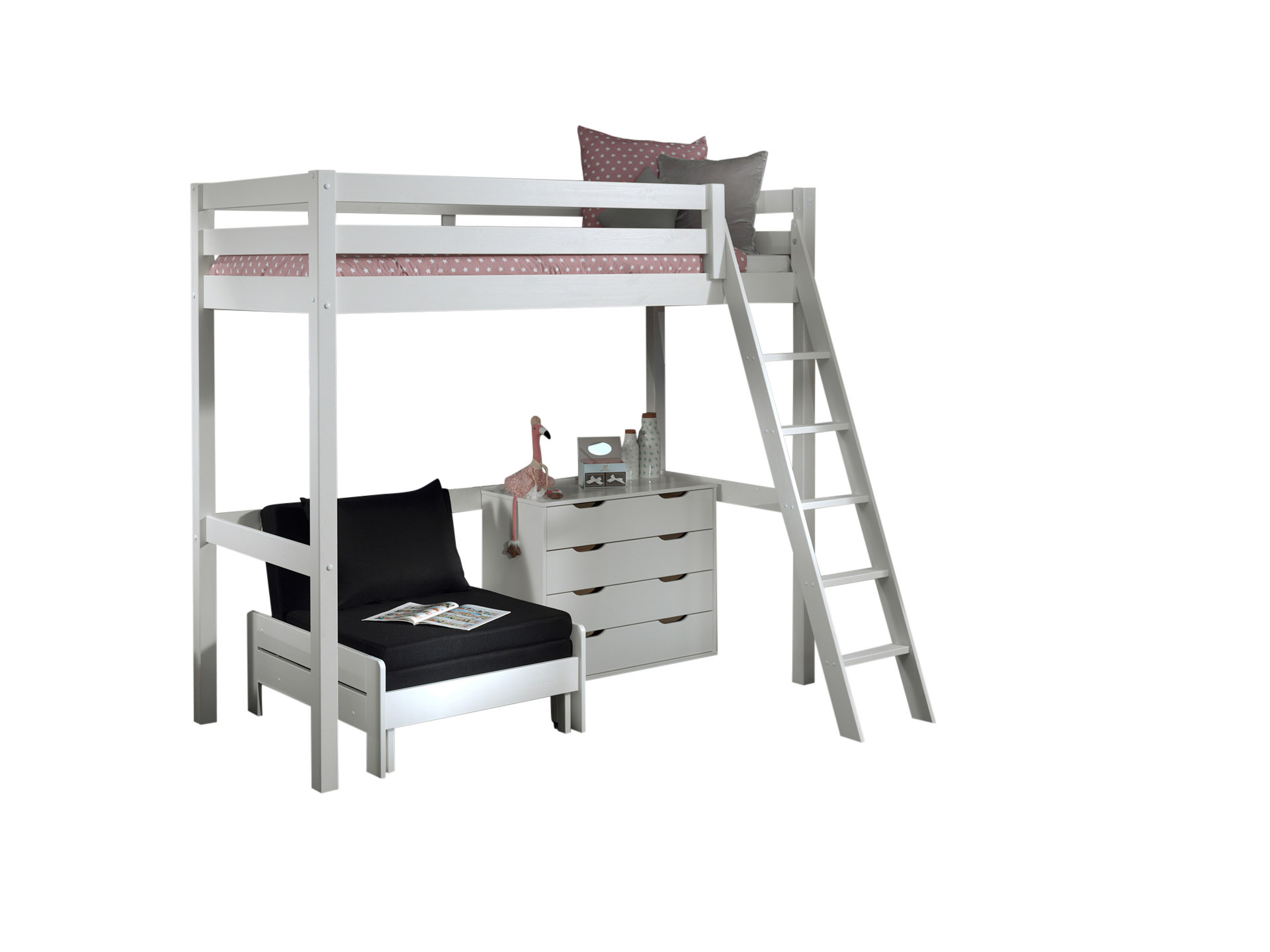 LUCEVI - Pino Mezzanine Bed + Ladder + Commode 4 Laden + Slaapfauteuil - Wit - 90x200 cm
