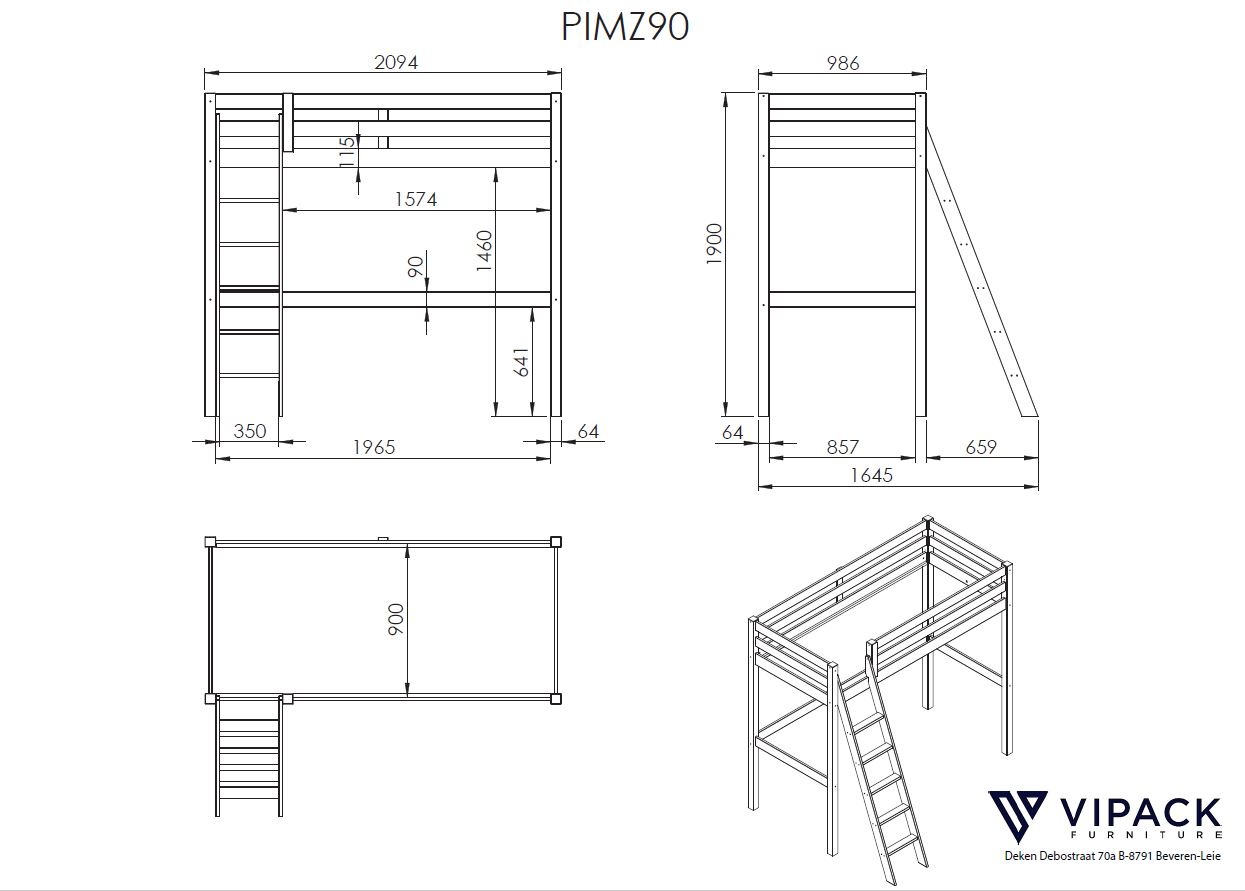 LUCEVI - Pino Mezzanine Bed + Ladder + Commode 4 Laden + Slaapfauteuil - Wit - 90x200 cm