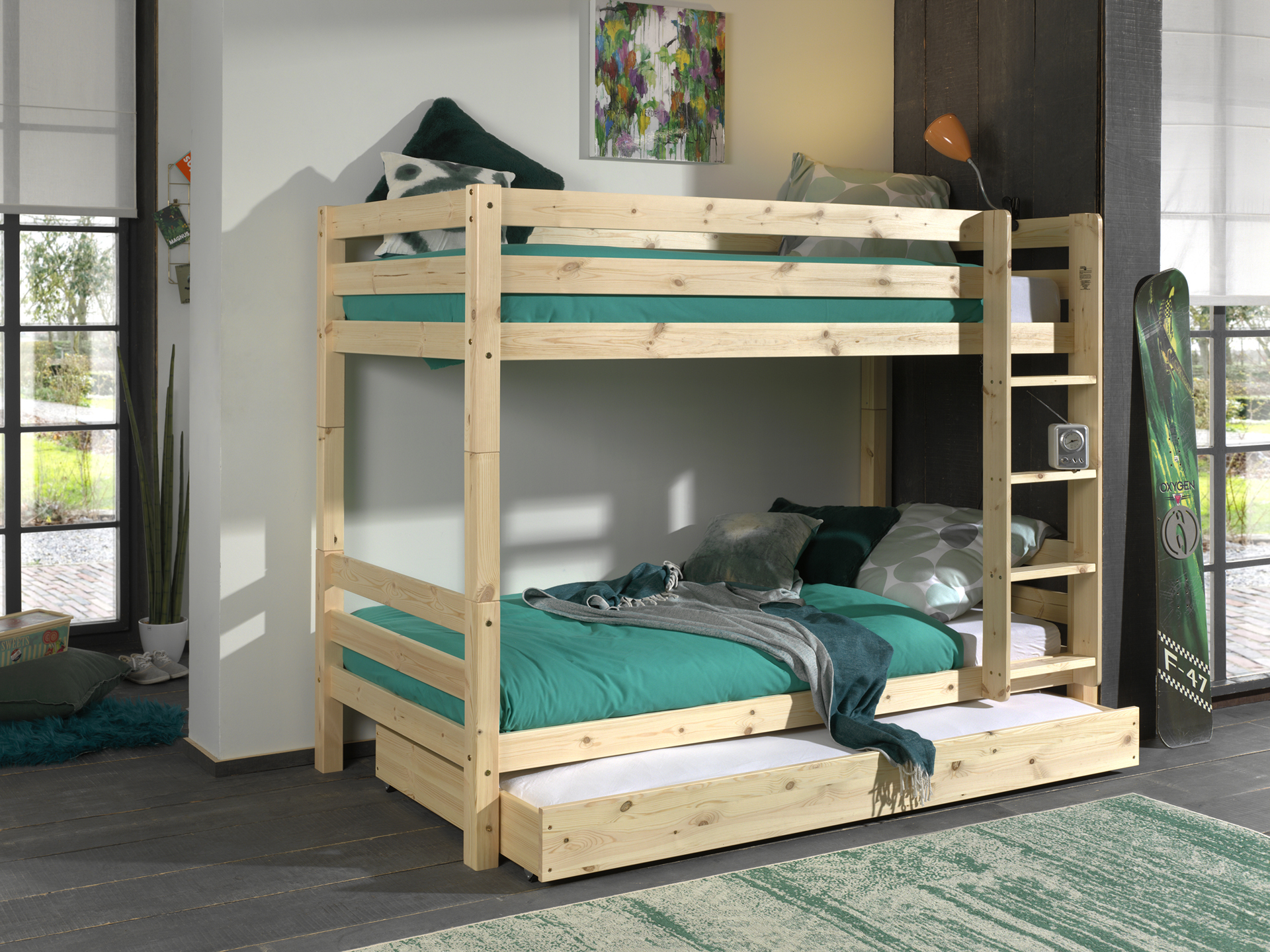 LUCEVI - Pino Stapelbed H160CM + Ladder + Rolbed - Bruin - 90x200 cm