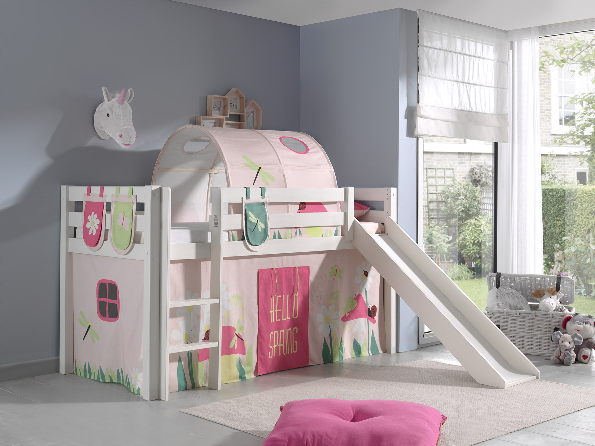 LUCEVI - Pino Halfhoogslaper + Ladder + Glijbaan + Spring Gordijntjes + 3 Zakjes + Spring Tunnel - Wit - 90x200 cm