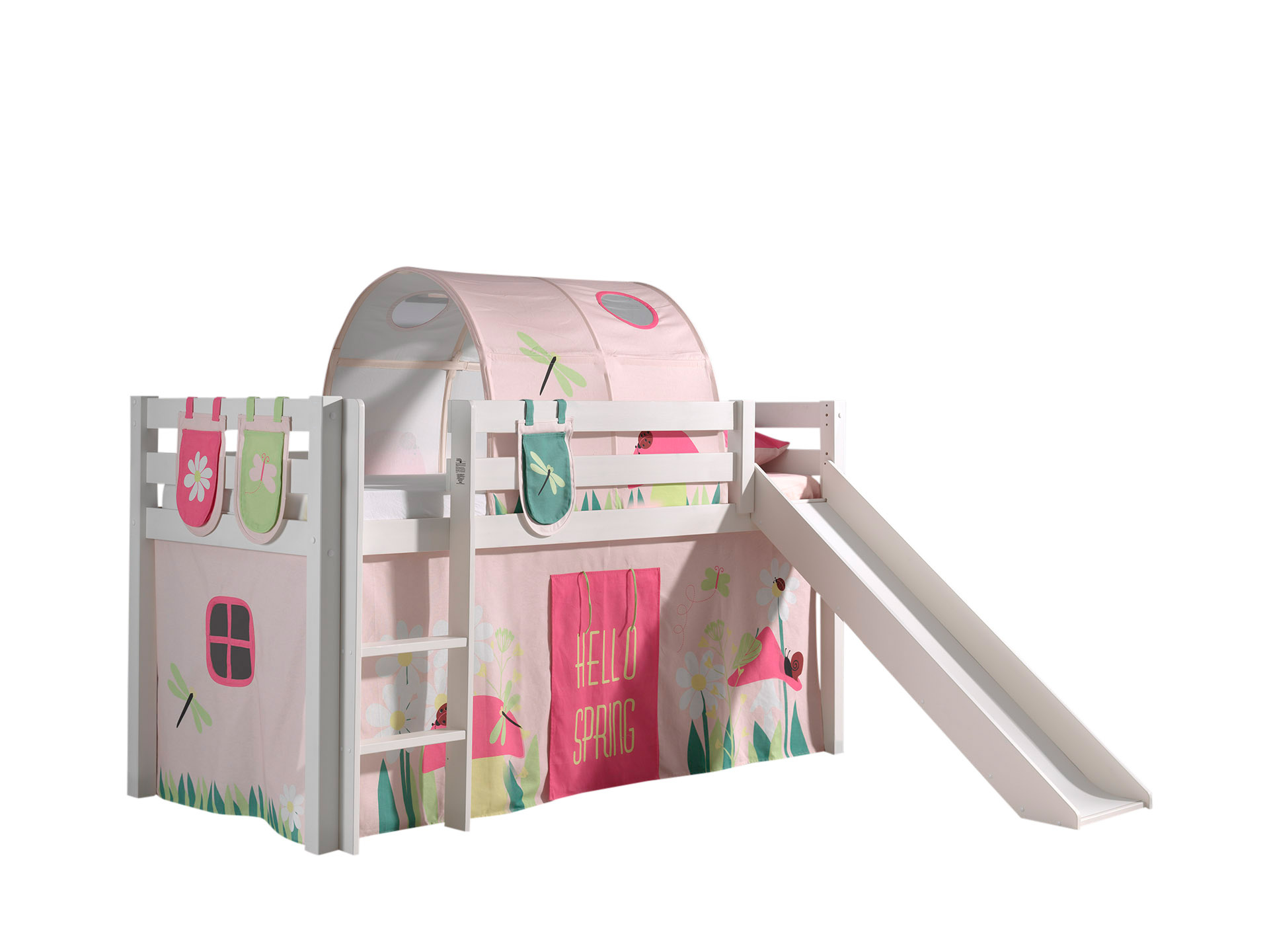 LUCEVI - Pino Halfhoogslaper + Ladder + Glijbaan + Spring Gordijntjes + 3 Zakjes + Spring Tunnel - Wit - 90x200 cm