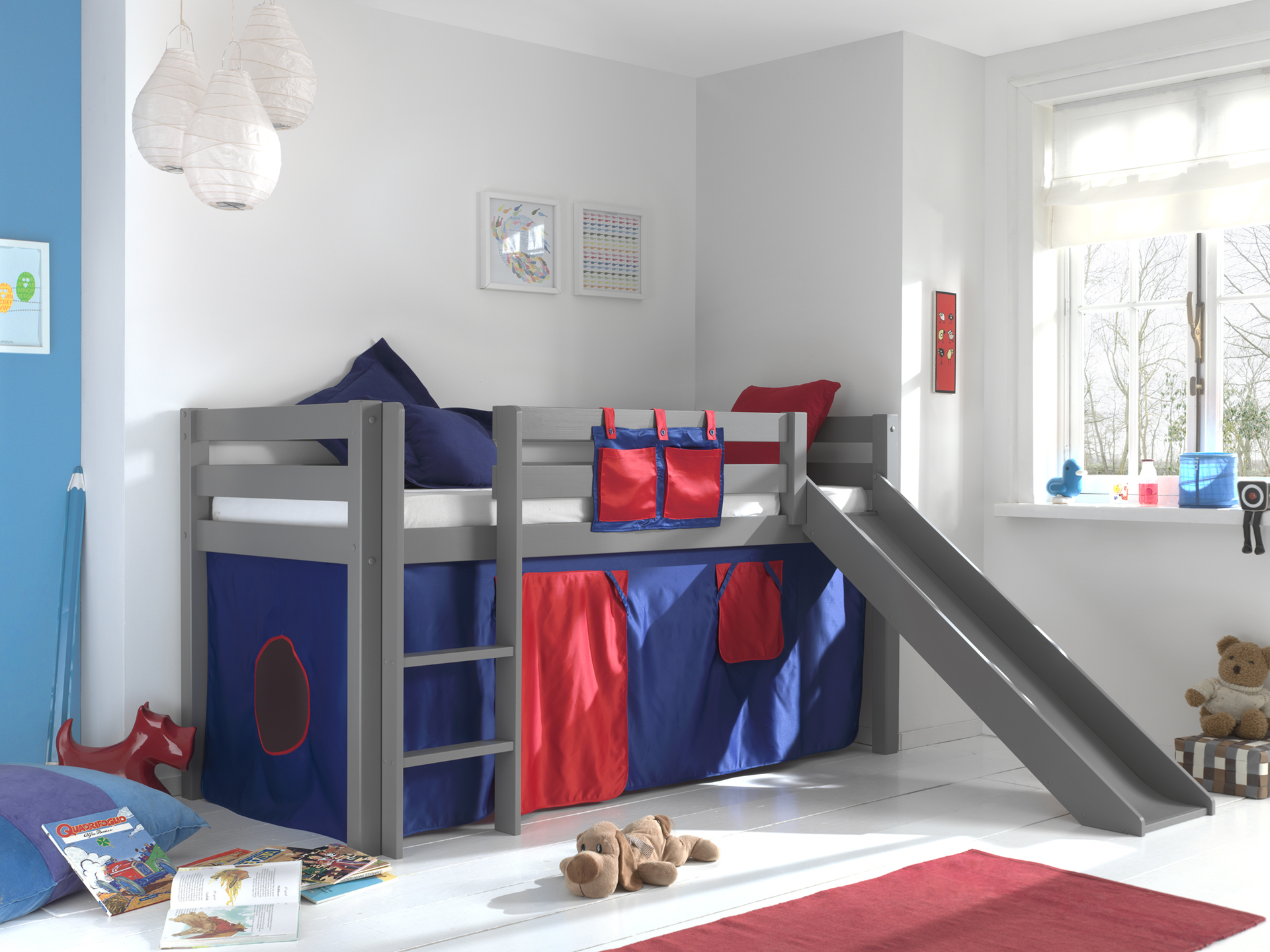 LUCEVI - Pino Halfhoogslaper H115CM + Ladder + Glijbaan + Domino Gordijntjes - Grijs - 90x200 cm
