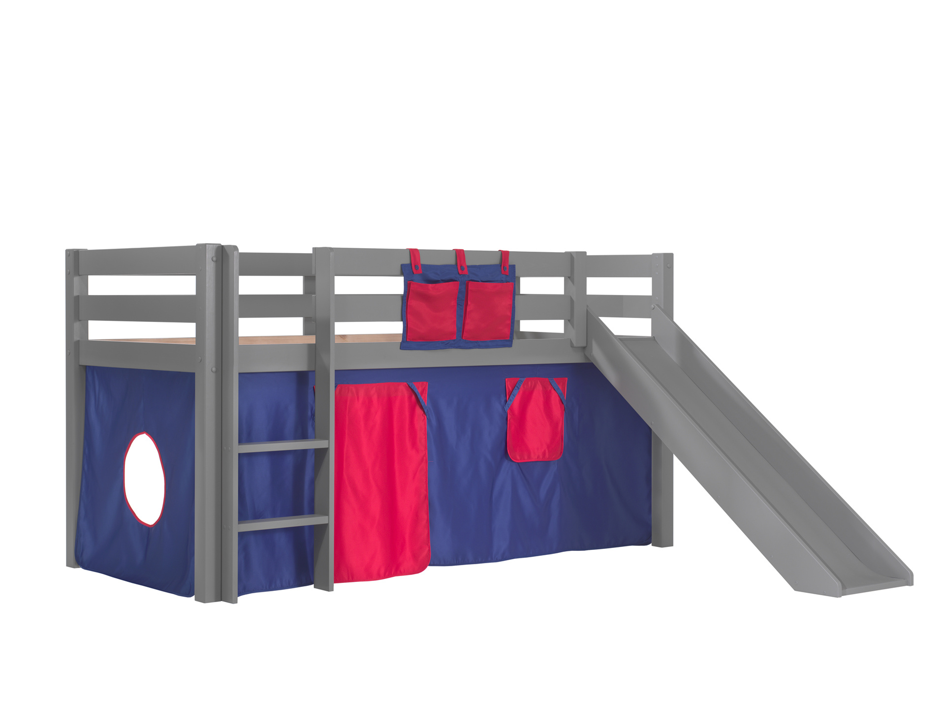 LUCEVI - Pino Halfhoogslaper H115CM + Ladder + Glijbaan + Domino Gordijntjes - Grijs - 90x200 cm