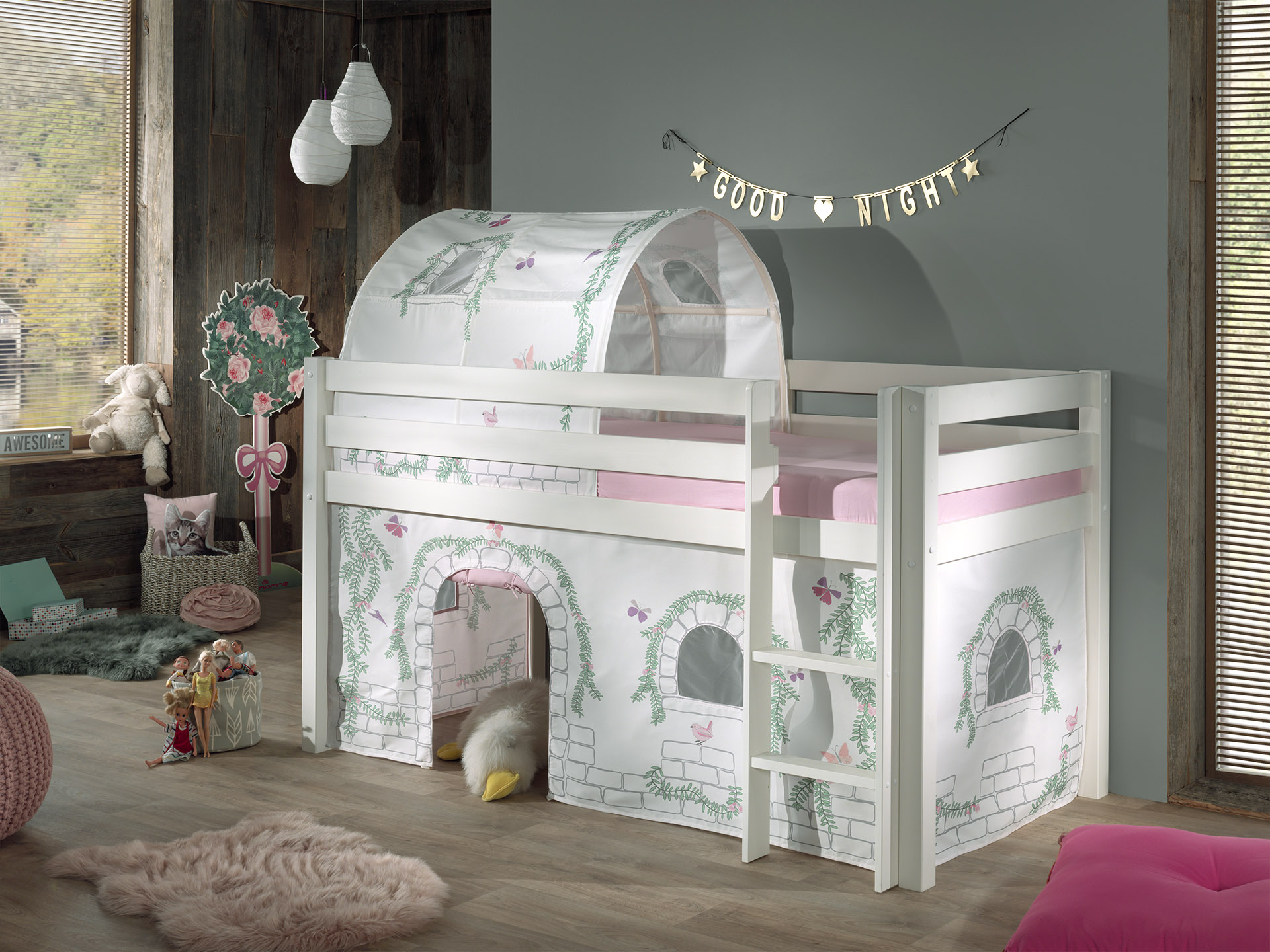 LUCEVI - Pino Halfhoogslaper + Ladder + Birdy Gordijntjes + Birdy Tunnel - Wit - 90x200 cm