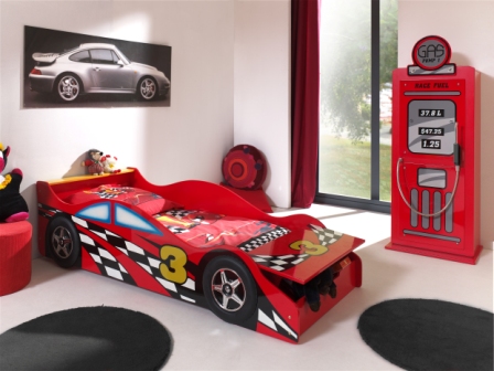 LUCEVI - Carbeds Peuter Race bed + Lattenbodem + Gas Pump Kast - Rood - 90x200cm