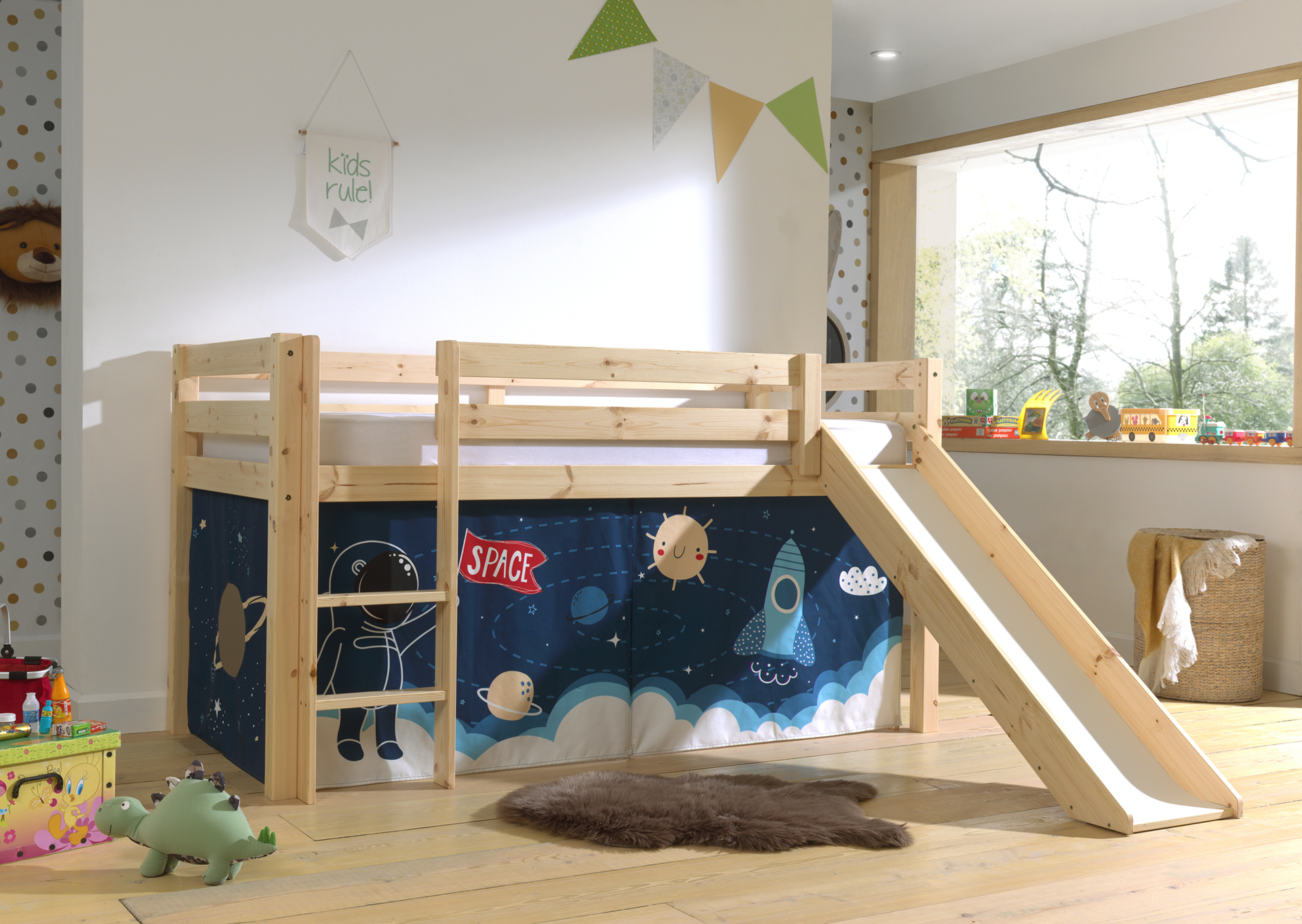LUCEVI - Pino Halfhoogslaper H115CM + Ladder + Glijbaan + Space Shuttle Gordijntjes - Bruin - 90x200 cm