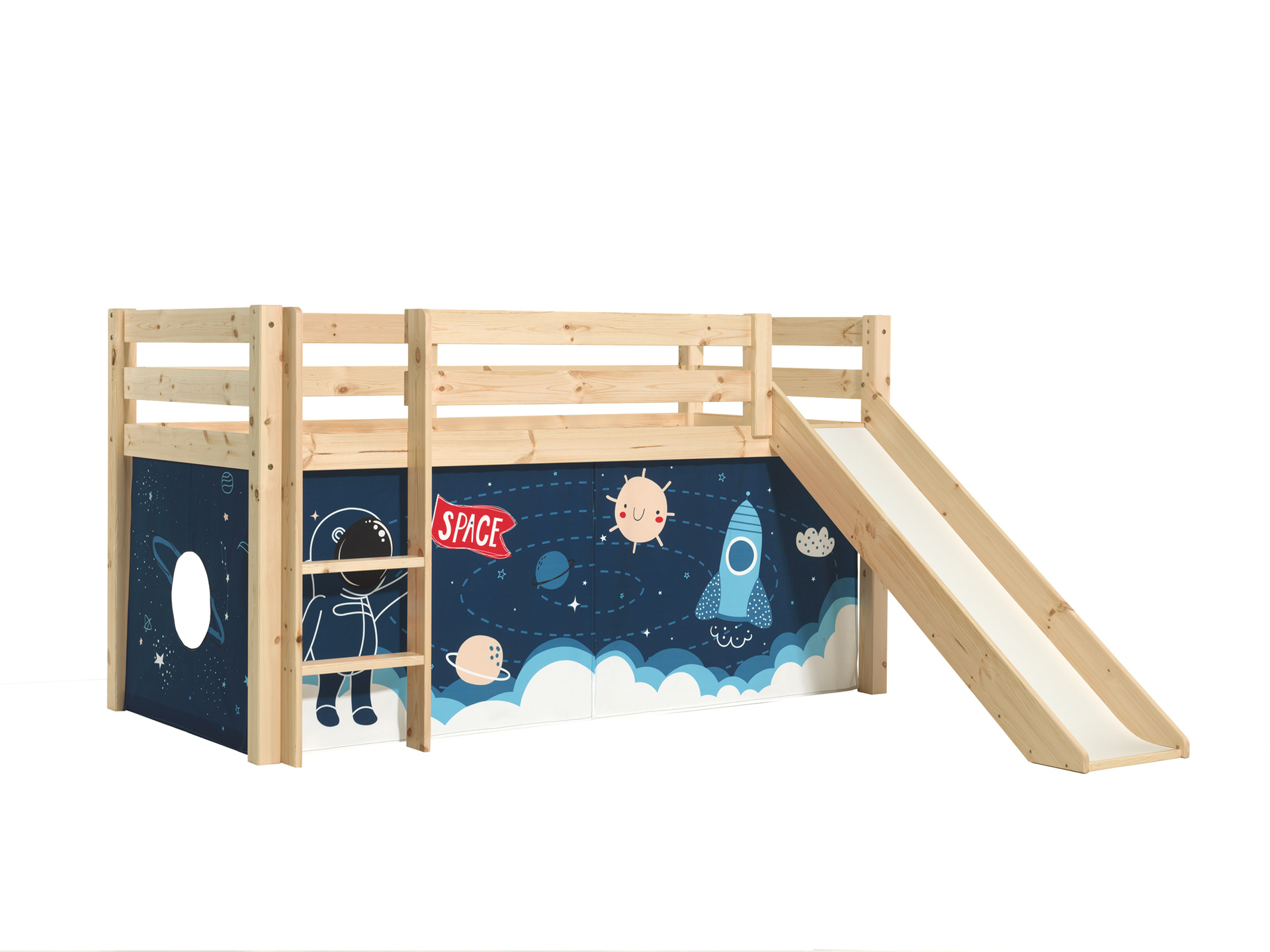 LUCEVI - Pino Halfhoogslaper H115CM + Ladder + Glijbaan + Space Shuttle Gordijntjes - Bruin - 90x200 cm