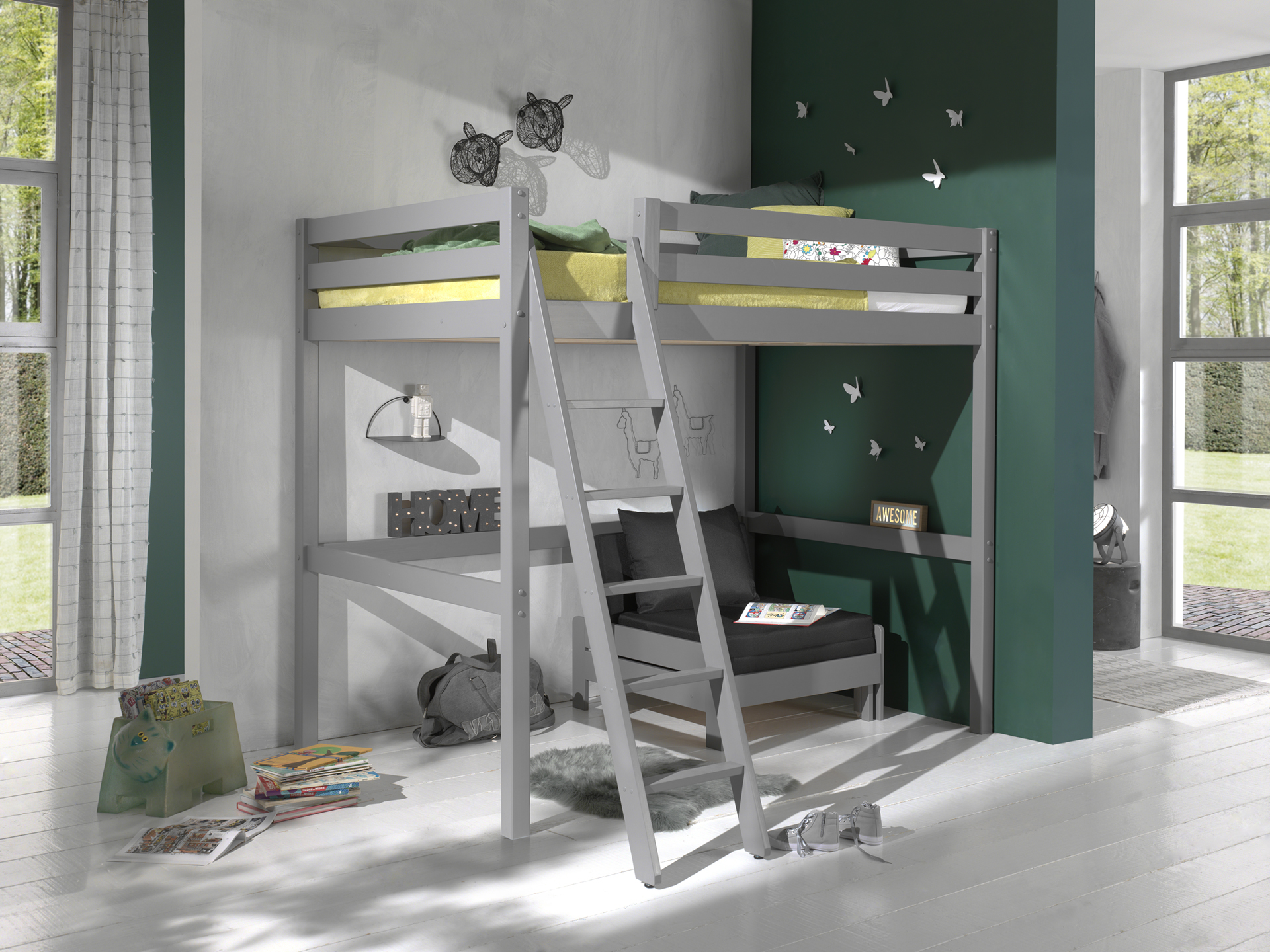 LUCEVI - Pino Mezzanine Bed + Ladder + Slaapfauteuil - Grijs - 140x200 cm