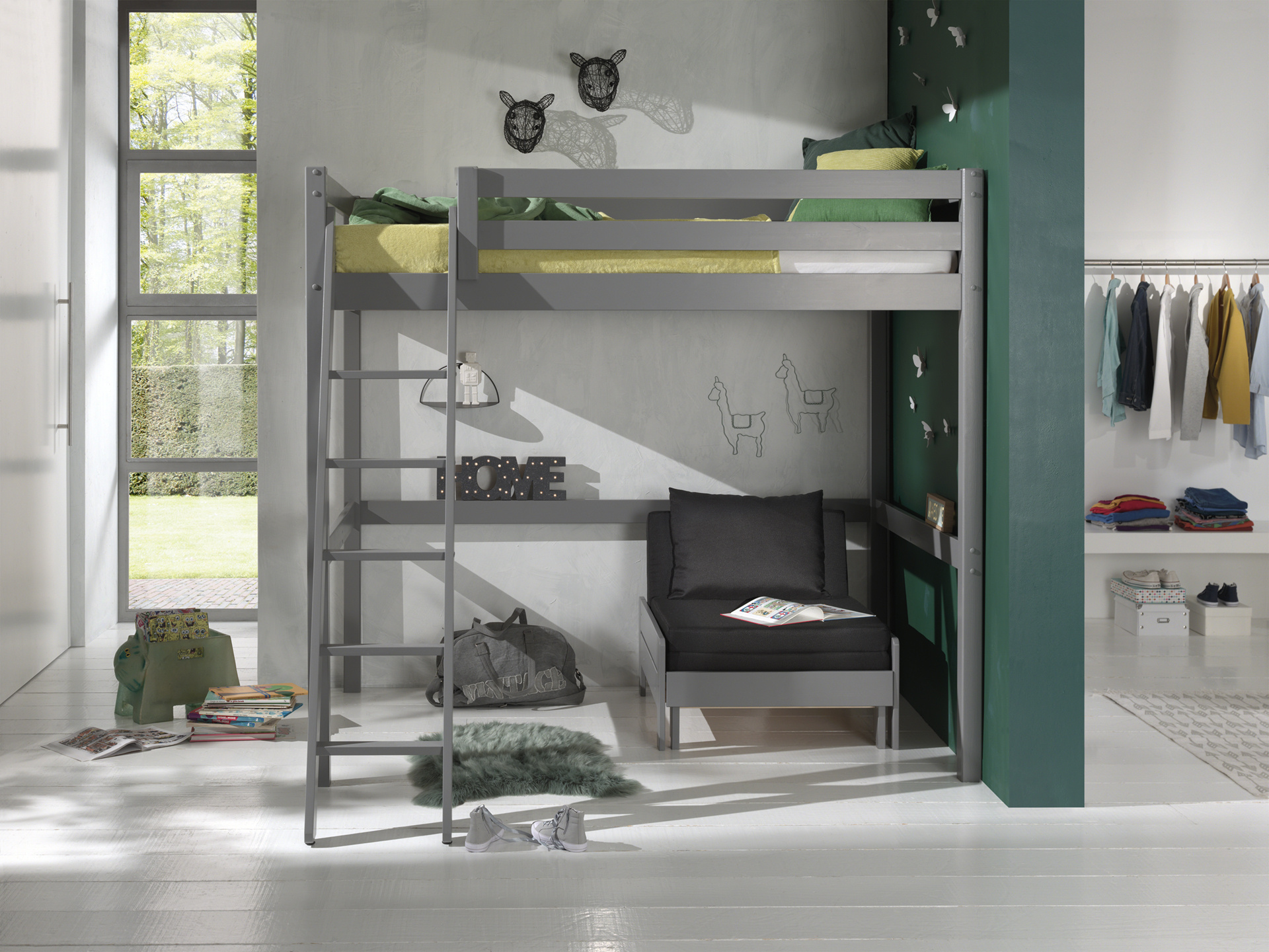 LUCEVI - Pino Mezzanine Bed + Ladder + Slaapfauteuil - Grijs - 140x200 cm