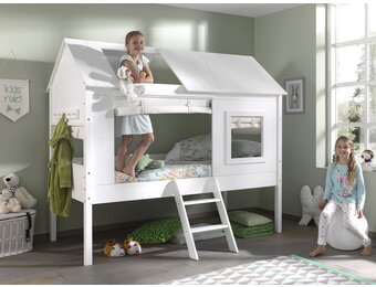 LUCEVI - Charlotte Huisbed + Set Gordijntjes + Lattenbodem - Wit - 90x200 cm