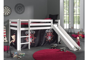 LUCEVI - Pino Halfhoogslaper + Ladder + Glijbaan + Pirates Gordijntjes - Wit - 90x200 cm