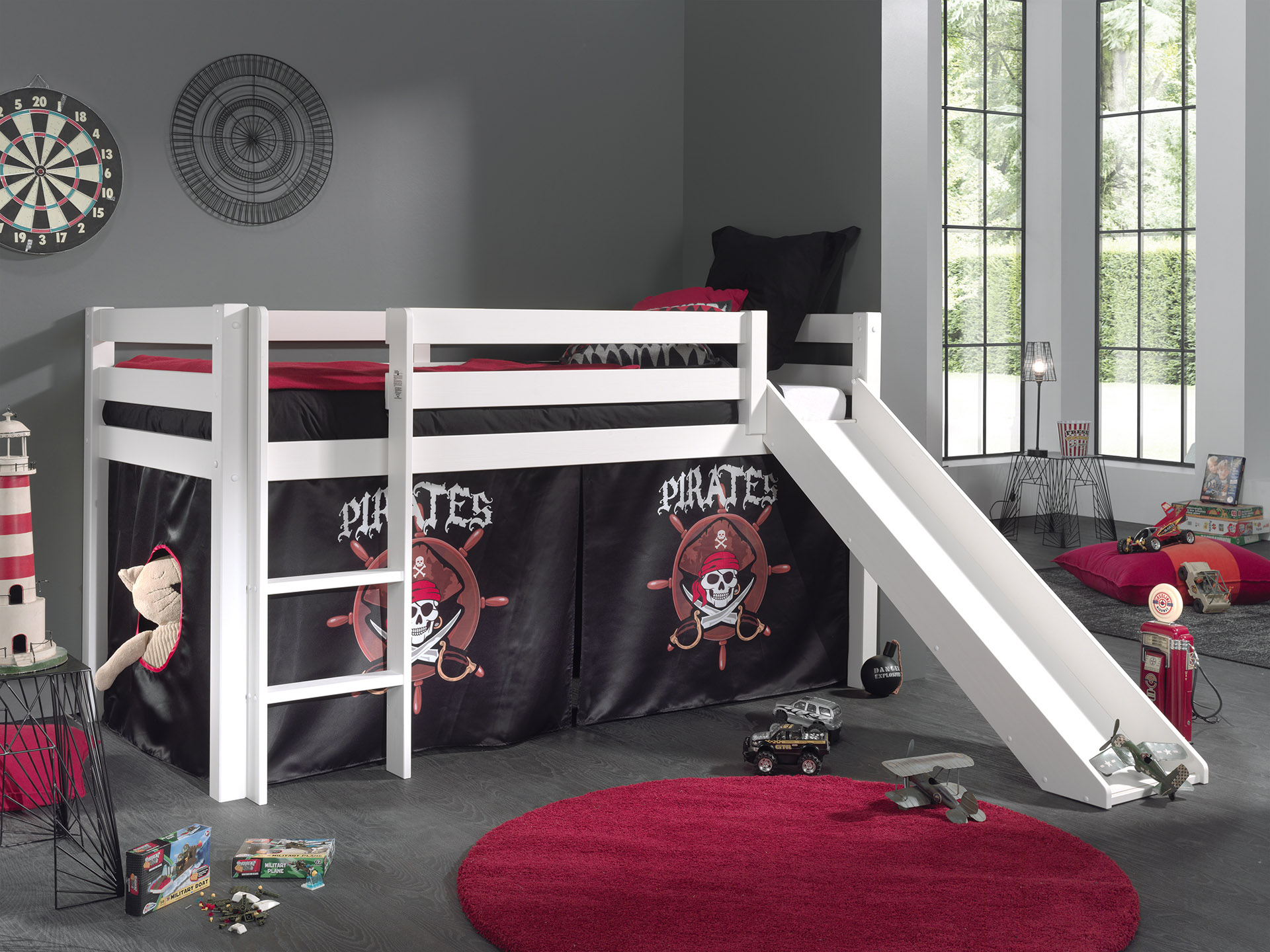LUCEVI - Pino Halfhoogslaper + Ladder + Glijbaan + Pirates Gordijntjes - Wit - 90x200 cm