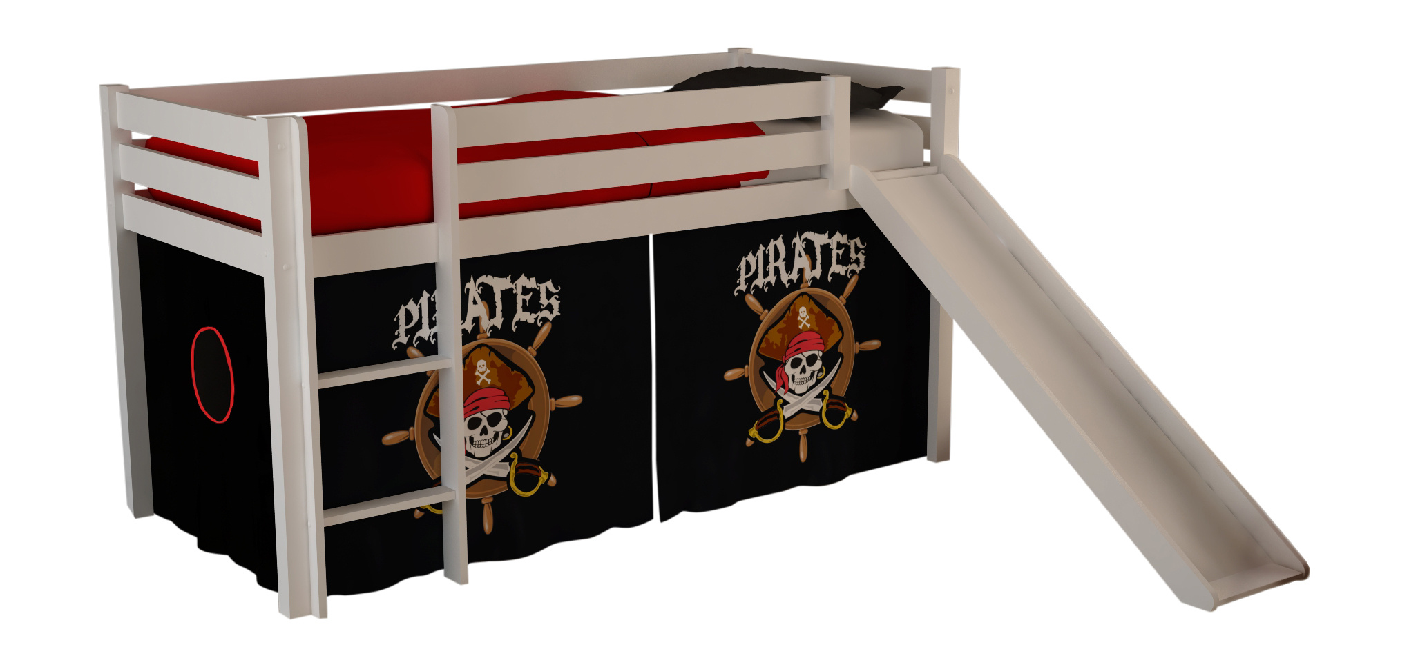 LUCEVI - Pino Halfhoogslaper + Ladder + Glijbaan + Pirates Gordijntjes - Wit - 90x200 cm
