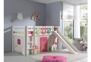 LUCEVI - Pino Halfhoogslaper + Ladder + Glijbaan + Spring Gordijntjes + 3 Zakjes - Wit - 90x200 cm