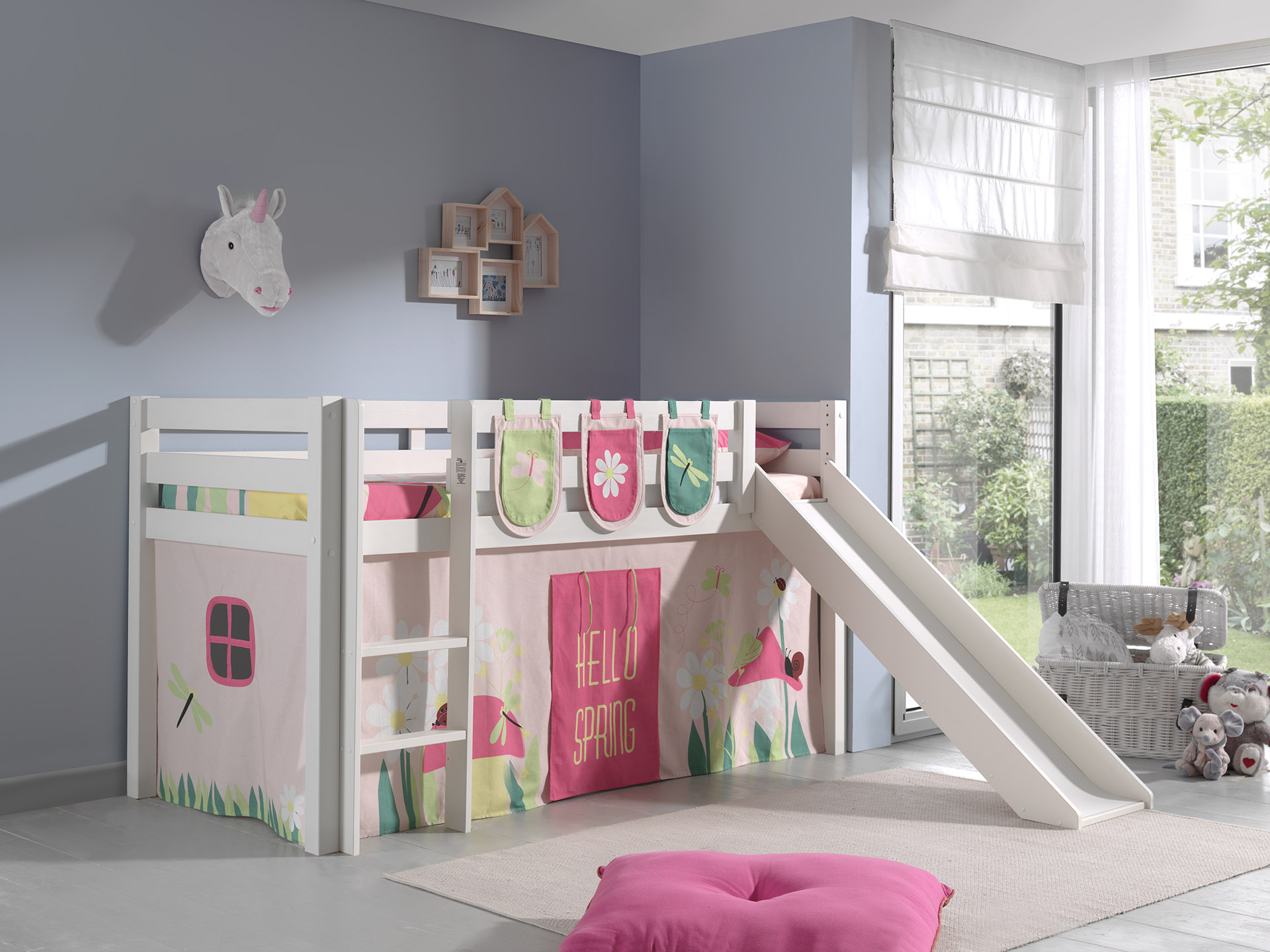 LUCEVI - Pino Halfhoogslaper + Ladder + Glijbaan + Spring Gordijntjes + 3 Zakjes - Wit - 90x200 cm