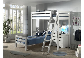 LUCEVI - Pino Mezzanine bed + Ladder + Commode 4 Laden + Bed - Wit - 90x200 cm