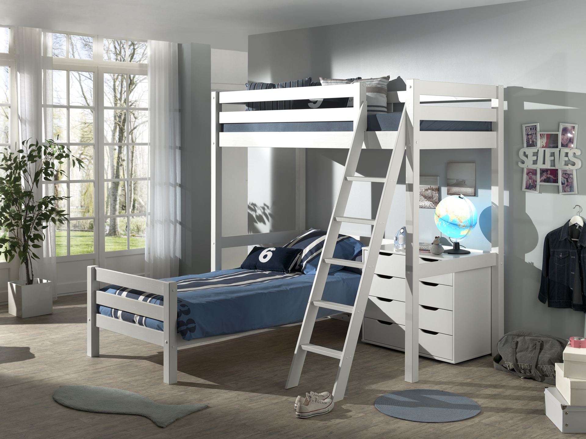 LUCEVI - Pino Mezzanine bed + Ladder + Commode 4 Laden + Bed - Wit - 90x200 cm