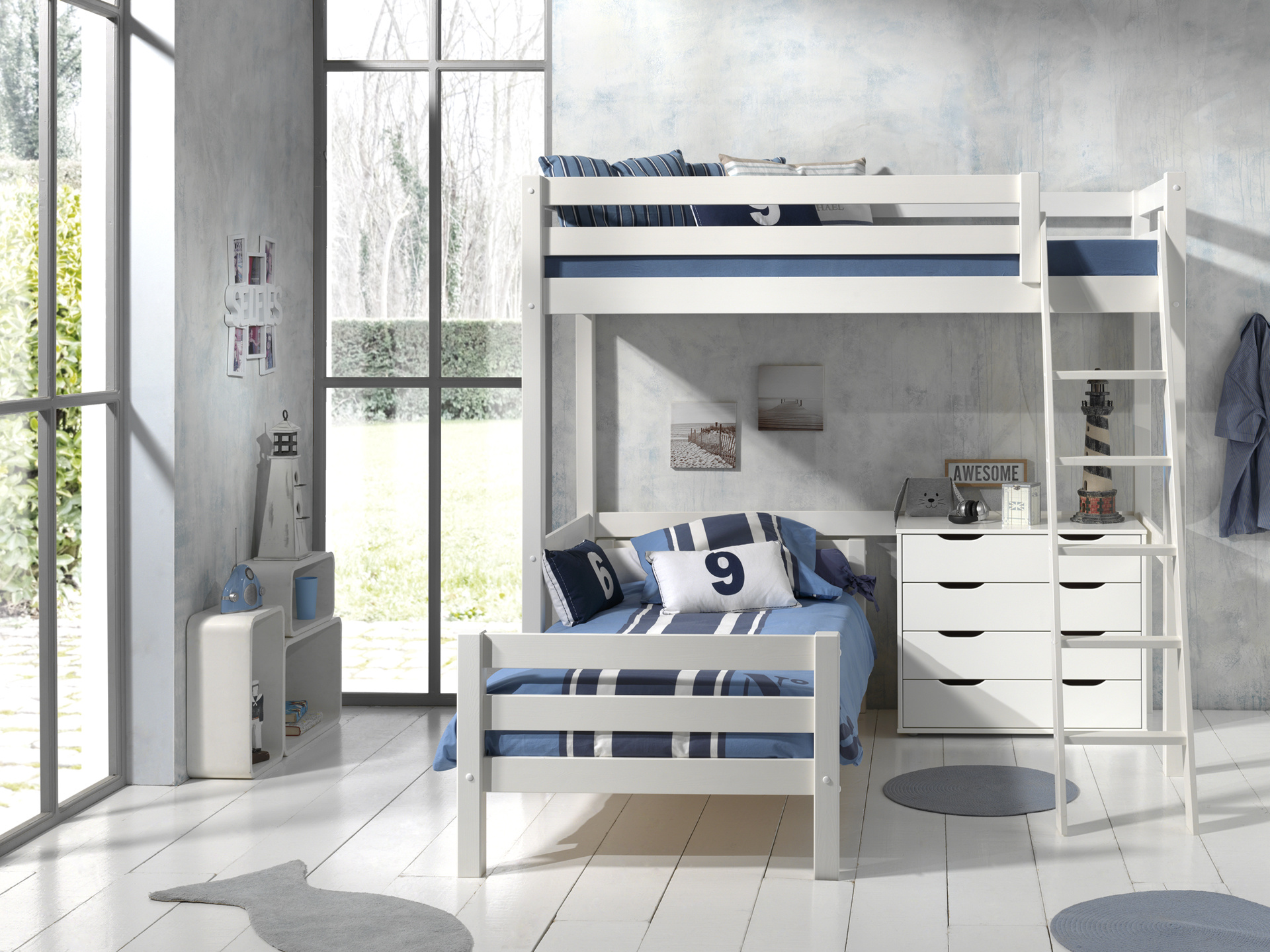 LUCEVI - Pino Mezzanine bed + Ladder + Commode 4 Laden + Bed - Wit - 90x200 cm
