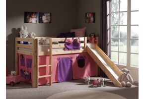 LUCEVI - Pino Halfhoogslaper + Ladder + Glijbaan + Bella Gordijntjes - Bruin - 90x200 cm