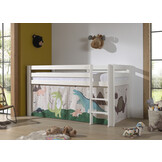 LUCEVI - Pino Halfhoogslaper H115CM + Ladder + Dino Gordijntjes - Wit - 90x200 cm