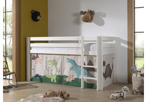 LUCEVI - Pino Halfhoogslaper H115CM + Ladder + Dino Gordijntjes - Wit - 90x200 cm