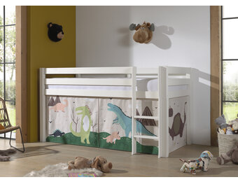 LUCEVI - Pino Halfhoogslaper H115CM + Ladder + Dino Gordijntjes - Wit - 90x200 cm