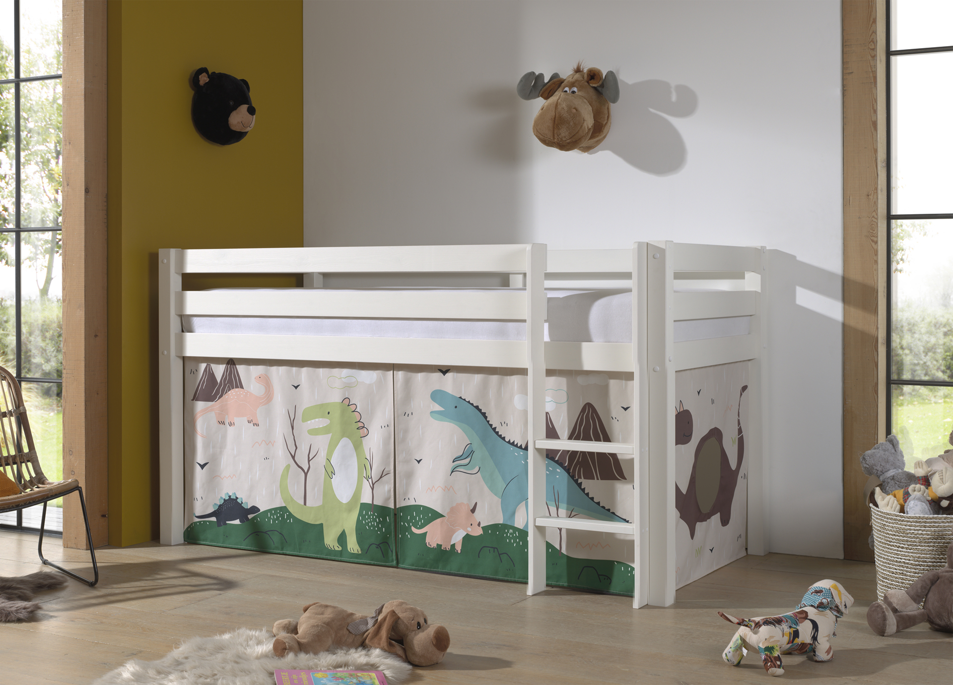 LUCEVI - Pino Halfhoogslaper H115CM + Ladder + Dino Gordijntjes - Wit - 90x200 cm